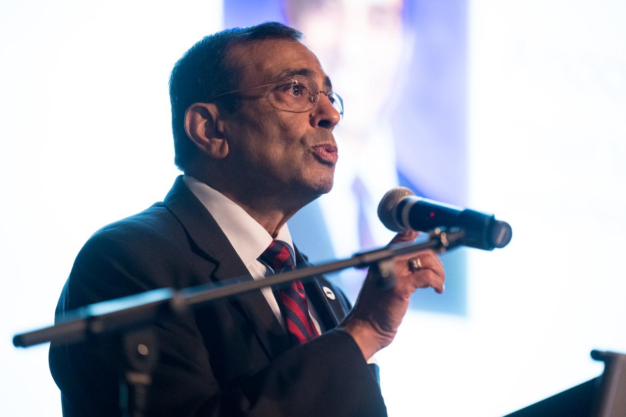 Anoop Mehta, Chief Strategist at Analytical Mechanics Associates, provides remarks after the presentation of DEVELOP Projects, Tuesday, August 5, 2025, at the Mary W. Jackson NASA Headquarters building in Washington. Every summer early career researchers from NASA’s DEVELOP National Program come to NASA Headquarters and present their research projects. DEVELOP is a training and development program where early career researchers work on Earth science projects, mentored by science advisors from NASA and partner agencies, and provide research results to local communities. Photo Credit: (NASA/Aubrey Gemignani)