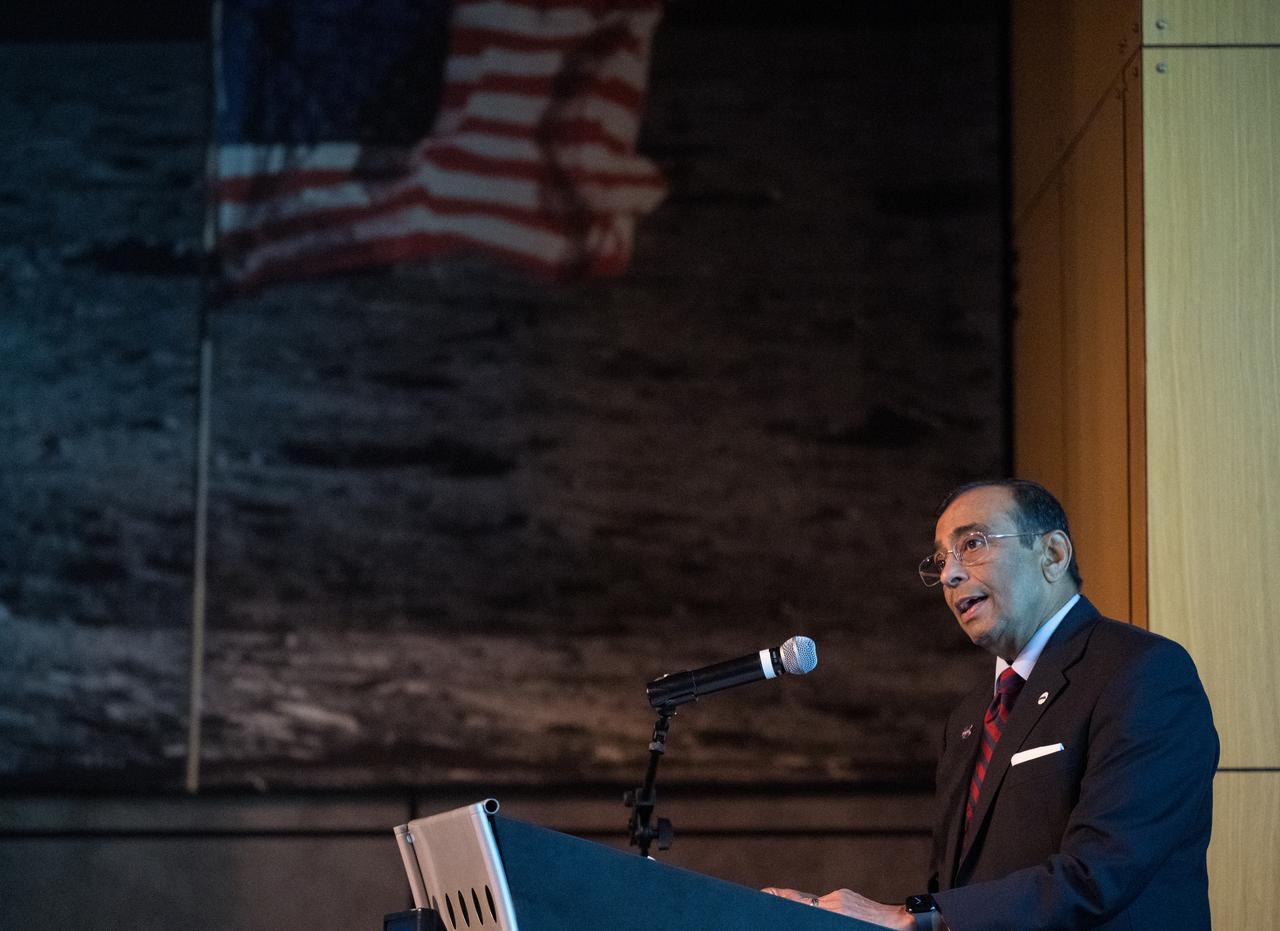 Anoop Mehta, Chief Strategist at Analytical Mechanics Associates, provides remarks after the presentation of DEVELOP Projects, Tuesday, August 5, 2025, at the Mary W. Jackson NASA Headquarters building in Washington. Every summer early career researchers from NASA’s DEVELOP National Program come to NASA Headquarters and present their research projects. DEVELOP is a training and development program where early career researchers work on Earth science projects, mentored by science advisors from NASA and partner agencies, and provide research results to local communities. Photo Credit: (NASA/Aubrey Gemignani)