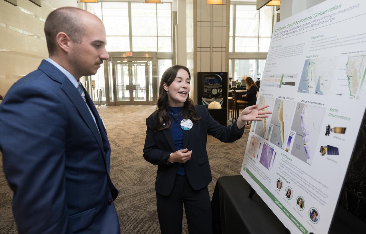 Students and young professionals share the results of their DEVELOP Project, Tuesday, August 5, 2025, at the Mary W. Jackson NASA Headquarters building in Washington. Every summer early career researchers from NASA’s DEVELOP National Program come to NASA Headquarters and present their research projects. DEVELOP is a training and development program where early career researchers work on Earth science projects, mentored by science advisors from NASA and partner agencies, and provide research results to local communities. Photo Credit: (NASA/Aubrey Gemignani)