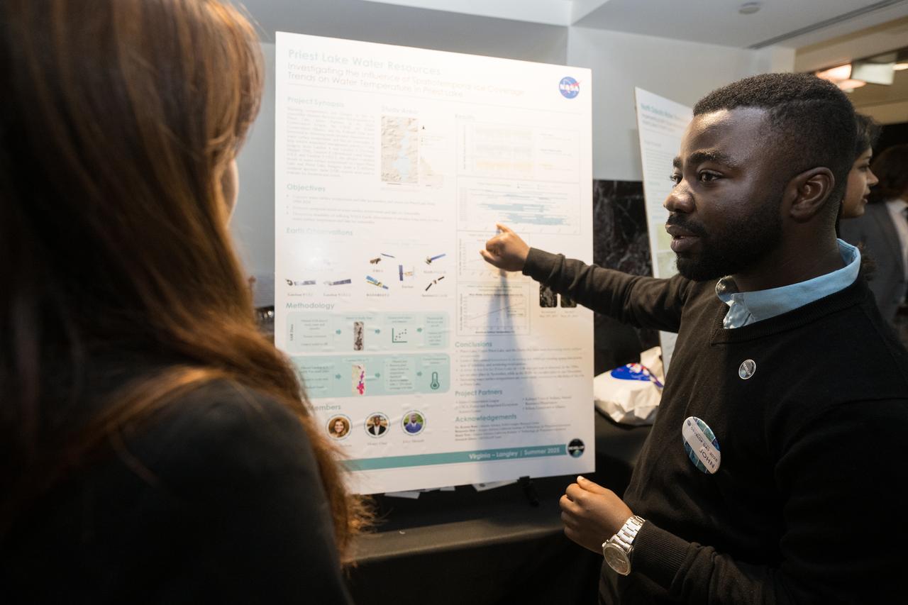 Students and young professionals share the results of their DEVELOP Project, Tuesday, August 5, 2025, at the Mary W. Jackson NASA Headquarters building in Washington. Every summer early career researchers from NASA’s DEVELOP National Program come to NASA Headquarters and present their research projects. DEVELOP is a training and development program where early career researchers work on Earth science projects, mentored by science advisors from NASA and partner agencies, and provide research results to local communities. Photo Credit: (NASA/Aubrey Gemignani)