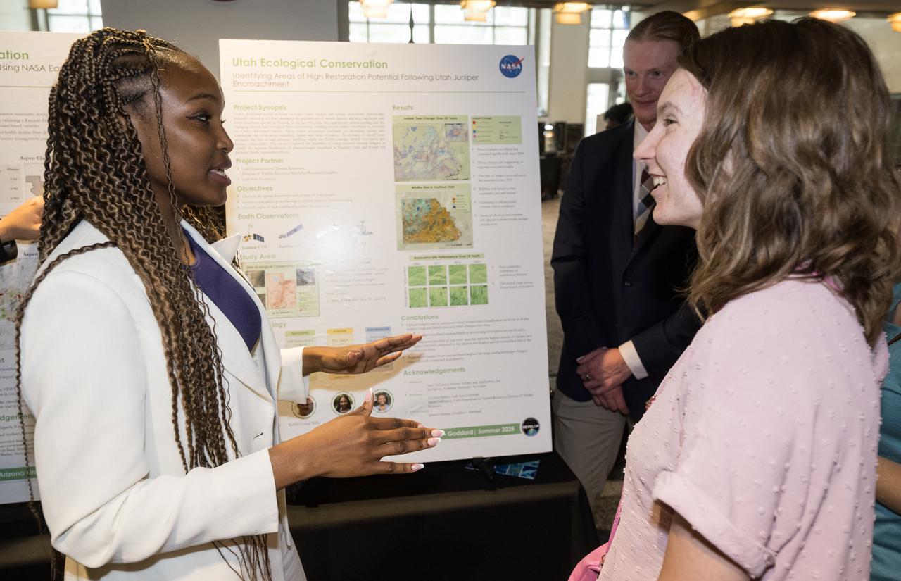 Students and young professionals share the results of their DEVELOP Project, Tuesday, August 5, 2025, at the Mary W. Jackson NASA Headquarters building in Washington. Every summer early career researchers from NASA’s DEVELOP National Program come to NASA Headquarters and present their research projects. DEVELOP is a training and development program where early career researchers work on Earth science projects, mentored by science advisors from NASA and partner agencies, and provide research results to local communities. Photo Credit: (NASA/Aubrey Gemignani)