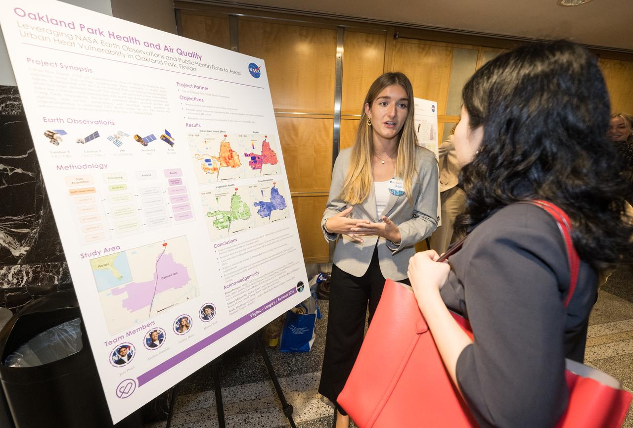 Students and young professionals share the results of their DEVELOP Project, Tuesday, August 5, 2025, at the Mary W. Jackson NASA Headquarters building in Washington. Every summer early career researchers from NASA’s DEVELOP National Program come to NASA Headquarters and present their research projects. DEVELOP is a training and development program where early career researchers work on Earth science projects, mentored by science advisors from NASA and partner agencies, and provide research results to local communities. Photo Credit: (NASA/Aubrey Gemignani)