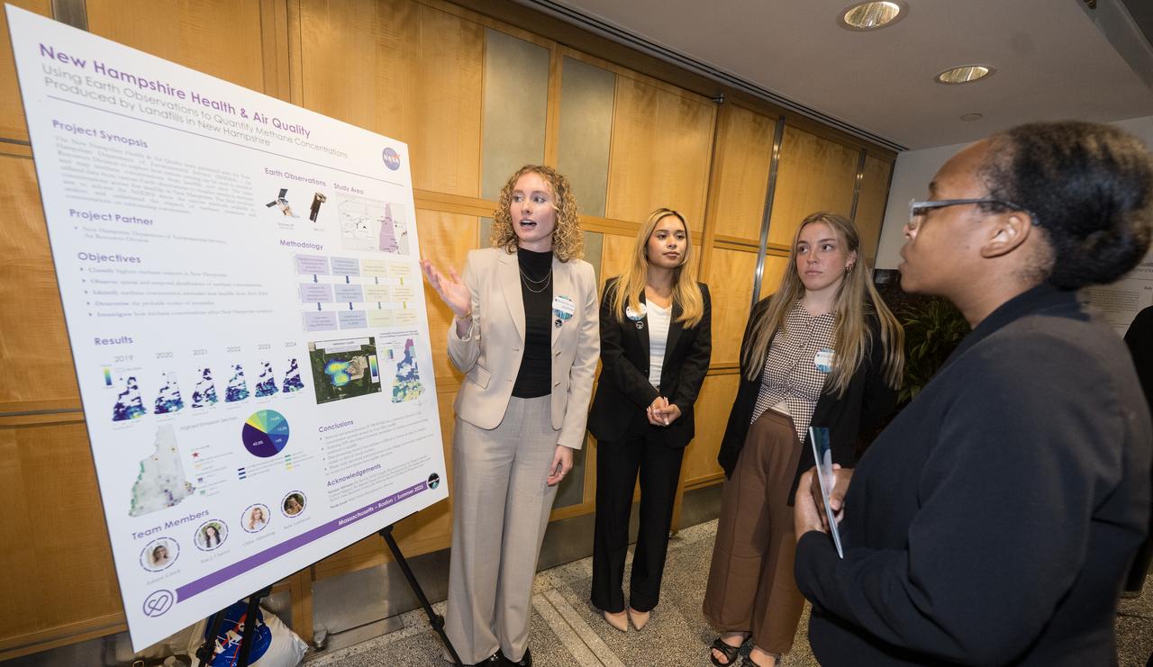 Students and young professionals share the results of their DEVELOP Project, Tuesday, August 5, 2025, at the Mary W. Jackson NASA Headquarters building in Washington. Every summer early career researchers from NASA’s DEVELOP National Program come to NASA Headquarters and present their research projects. DEVELOP is a training and development program where early career researchers work on Earth science projects, mentored by science advisors from NASA and partner agencies, and provide research results to local communities. Photo Credit: (NASA/Aubrey Gemignani)