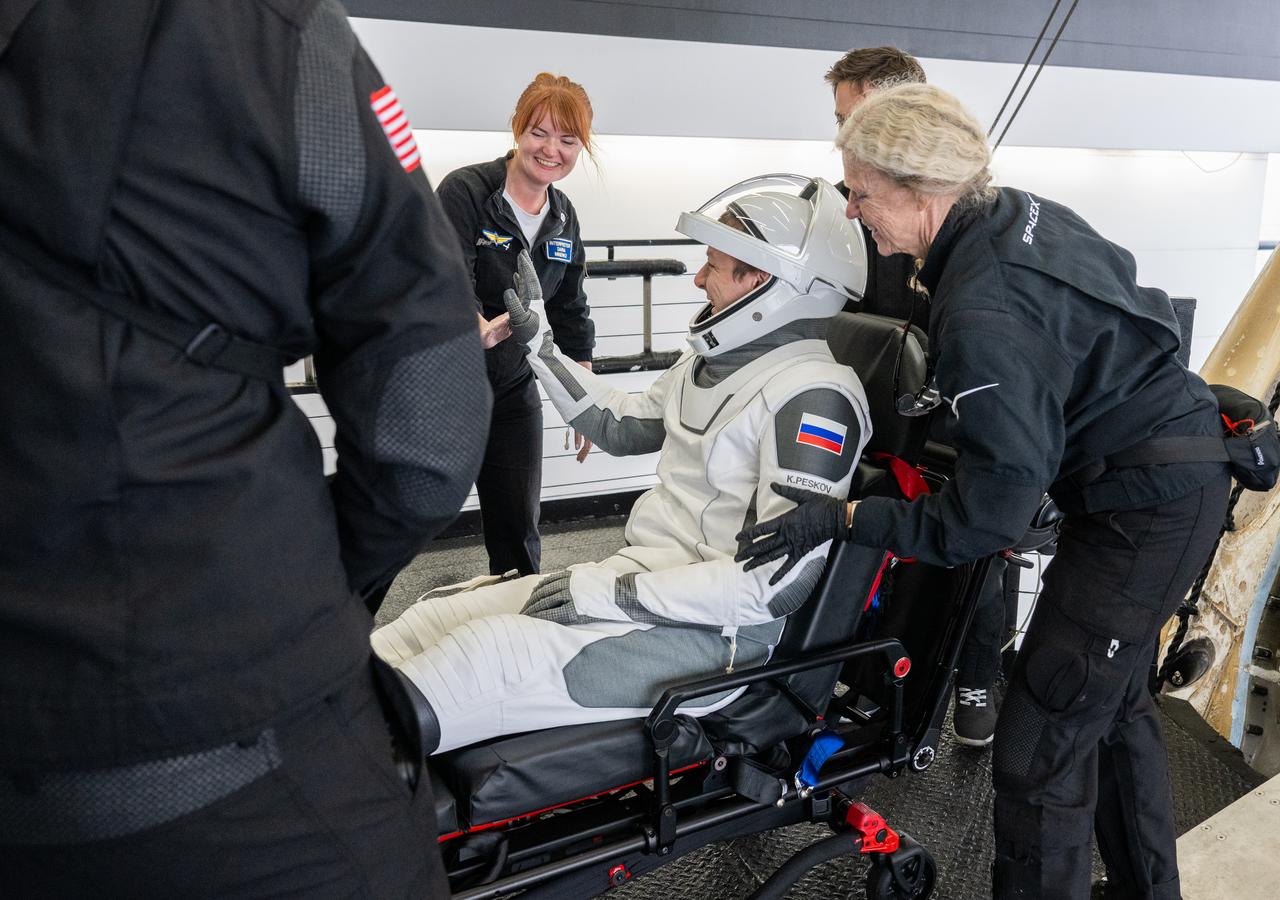 Roscosmos cosmonaut Kirill Peskov is helped out of the SpaceX Dragon Endurance spacecraft onboard the SpaceX recovery ship SHANNON after he, NASA astronauts Nichole Ayers, Anne McClain and JAXA (Japan Aerospace Exploration Agency) astronaut Takuya Onishi landed in the Pacific Ocean off the coast of San Diego, Calif., Saturday, Aug. 9, 2025. McClain, Ayers, Onishi, and Peskov are returning after 147 days in space as part of Expedition 73 aboard the International Space Station. Photo Credit: (NASA/Keegan Barber)