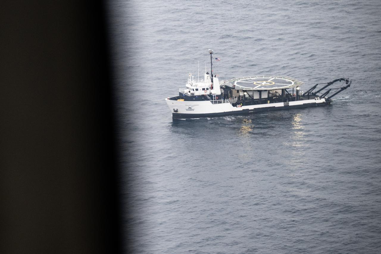 The SpaceX recovery ship SHANNON is seen in the Pacific Ocean as the recovery team prepares for the landing of the SpaceX Dragon spacecraft with NASA astronauts Anne McClain and Nichole Ayers, JAXA (Japan Aerospace Exploration Agency) astronaut Takuya Onishi, and Roscosmos cosmonaut Kirill Peskov aboard, Saturday, Aug. 9, 2025, off the coast of San Diego, Calif.. McClain, Ayers, Onishi, and Peskov are returning after 147 days in space as part of Expedition 73 aboard the International Space Station. Photo Credit: (NASA/Keegan Barber)