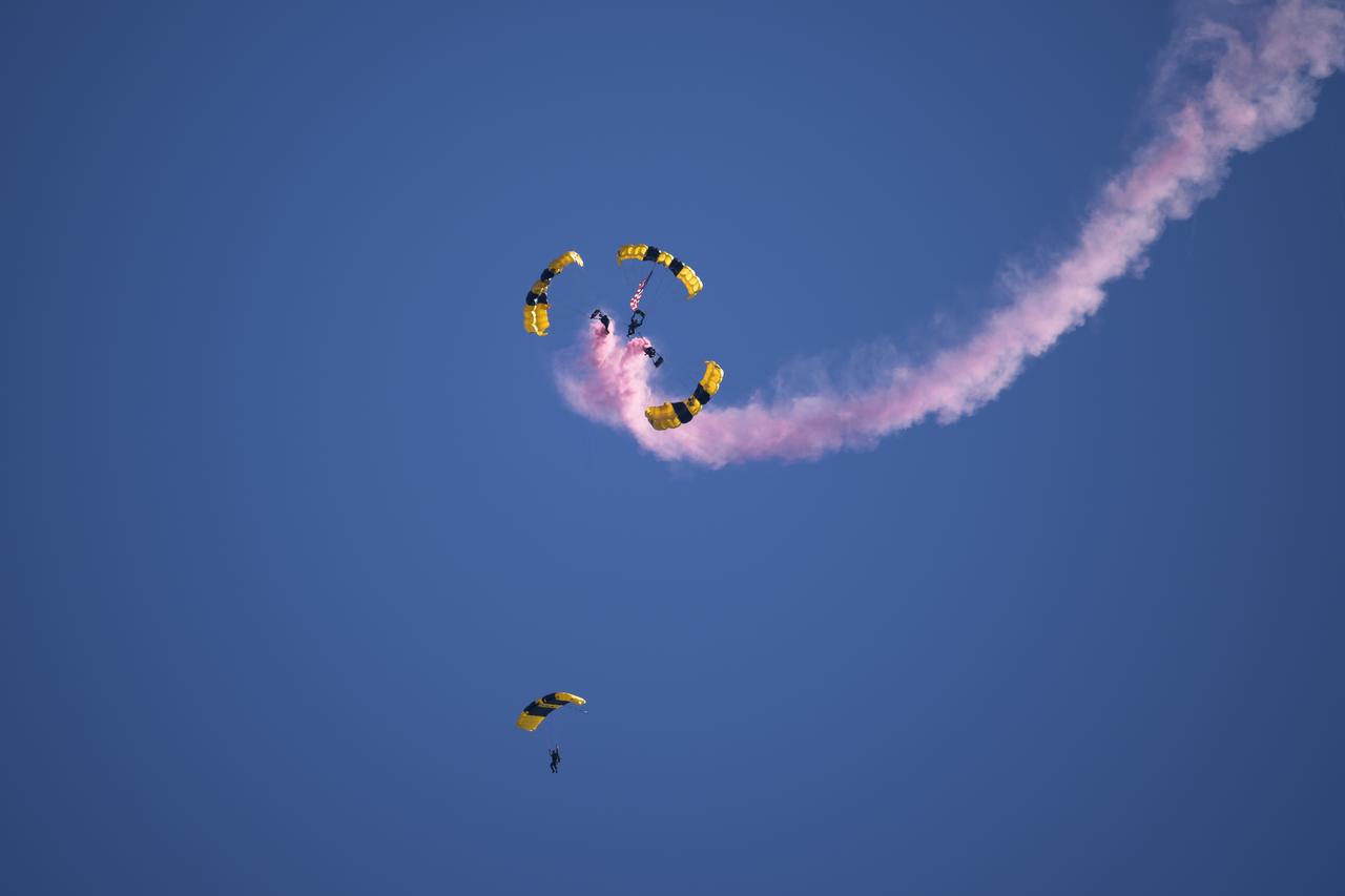 The United States Army Parachute Team, the Golden Knights, are seen during the opening ceremony of the Joint Base Andrews Air Show, Friday, Sept. 12, 2025, at Joint Base Andrews in Prince George's County, Maryland. NASA astronaut Nick Hague was on hand to provide remarks and meet with guests. Hague spent 171 days onboard the International Space Station as part of Expedition 72. Photo Credit: (NASA/Bill Ingalls)