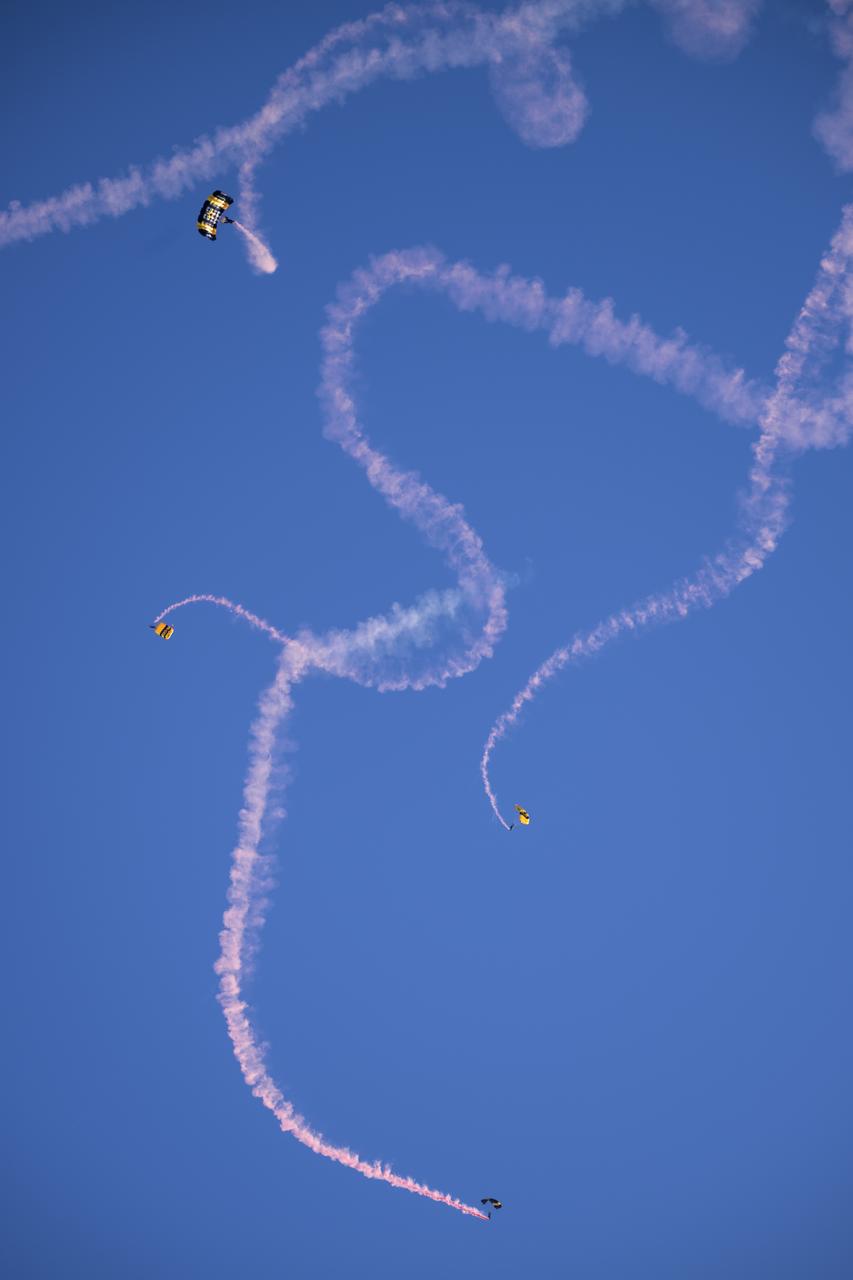The United States Army Parachute Team, the Golden Knights, are seen during the opening ceremony of the Joint Base Andrews Air Show, Friday, Sept. 12, 2025, at Joint Base Andrews in Prince George's County, Maryland. NASA astronaut Nick Hague was on hand to provide remarks and meet with guests. Hague spent 171 days onboard the International Space Station as part of Expedition 72. Photo Credit: (NASA/Bill Ingalls)