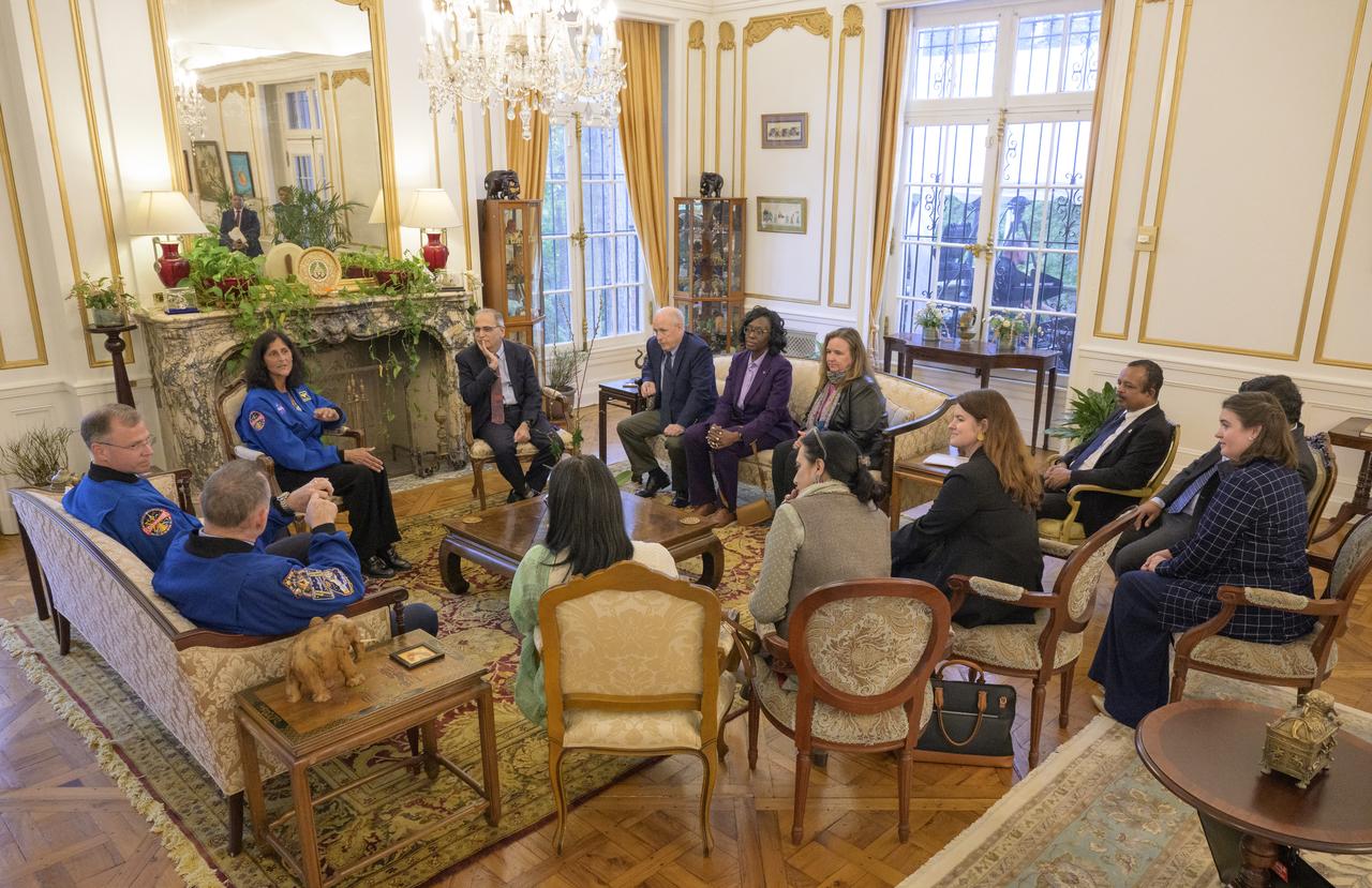 NASA astronauts, Butch Wilmore, Nick Hague, and Suni Williams, speak with Ambassador of India to the United States H.E. Mr. Vinay Kwatra, Monday, Sept. 15, 2025, at residence of the Ambassador in Washington. Williams, Hague and Wilmore served as part of Expedition 72 onboard the International Space Station. Photo Credit: (NASA/Bill Ingalls)