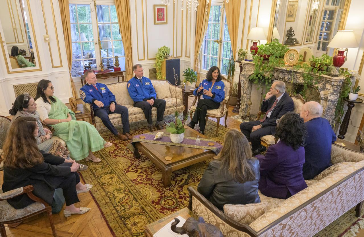 NASA astronauts, Butch Wilmore, left, Nick Hague, and Suni Williams, right, speak with Ambassador of India to the United States H.E. Mr. Vinay Kwatra, Monday, Sept. 15, 2025, at residence of the Ambassador in Washington. Williams, Hague and Wilmore served as part of Expedition 72 onboard the International Space Station. Photo Credit: (NASA/Bill Ingalls)