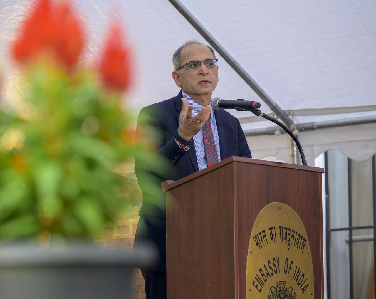 Ambassador of India to the United States H.E. Mr. Vinay Kwatra gives remarks during an event featuring Expedition 72 NASA astronauts Butch WIlmore, Nick Hague, and Suni Williams, and Axiom Mission 4 astronaut Shubhanshu Shukla, Monday, Sept. 15, 2025, at residence of the Ambassador in Washington. Williams, Hague and Wilmore served as part of Expedition 72 onboard the International Space Station. Photo Credit: (NASA/Bill Ingalls)