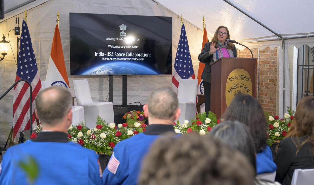 NASA Earth Science Division Director Karen St. Germain gives remarks during an event featuring Expedition 72 NASA astronauts Butch WIlmore, Nick Hague, and Suni Williams, and Axiom Mission 4 astronaut Shubhanshu Shukla, Monday, Sept. 15, 2025, at residence of the Ambassador of India in Washington. Williams, Hague and Wilmore served as part of Expedition 72 onboard the International Space Station. Photo Credit: (NASA/Bill Ingalls)