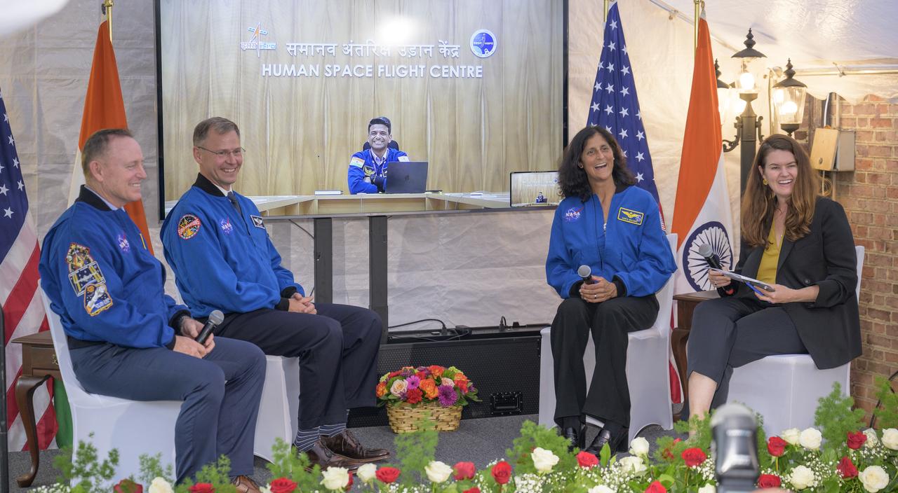 NASA astronauts, Butch Wilmore, left, Nick Hague, and Suni Williams, along with Axiom Mission 4 astronaut Shubhanshu Shukla via remote, participate in a panel discussion moderated by NASA Deputy Associate Administrator Casey Swails, right, Monday, Sept. 15, 2025, at residence of the Ambassador of India in Washington. Williams, Hague and Wilmore served as part of Expedition 72 onboard the International Space Station. Photo Credit: (NASA/Bill Ingalls)