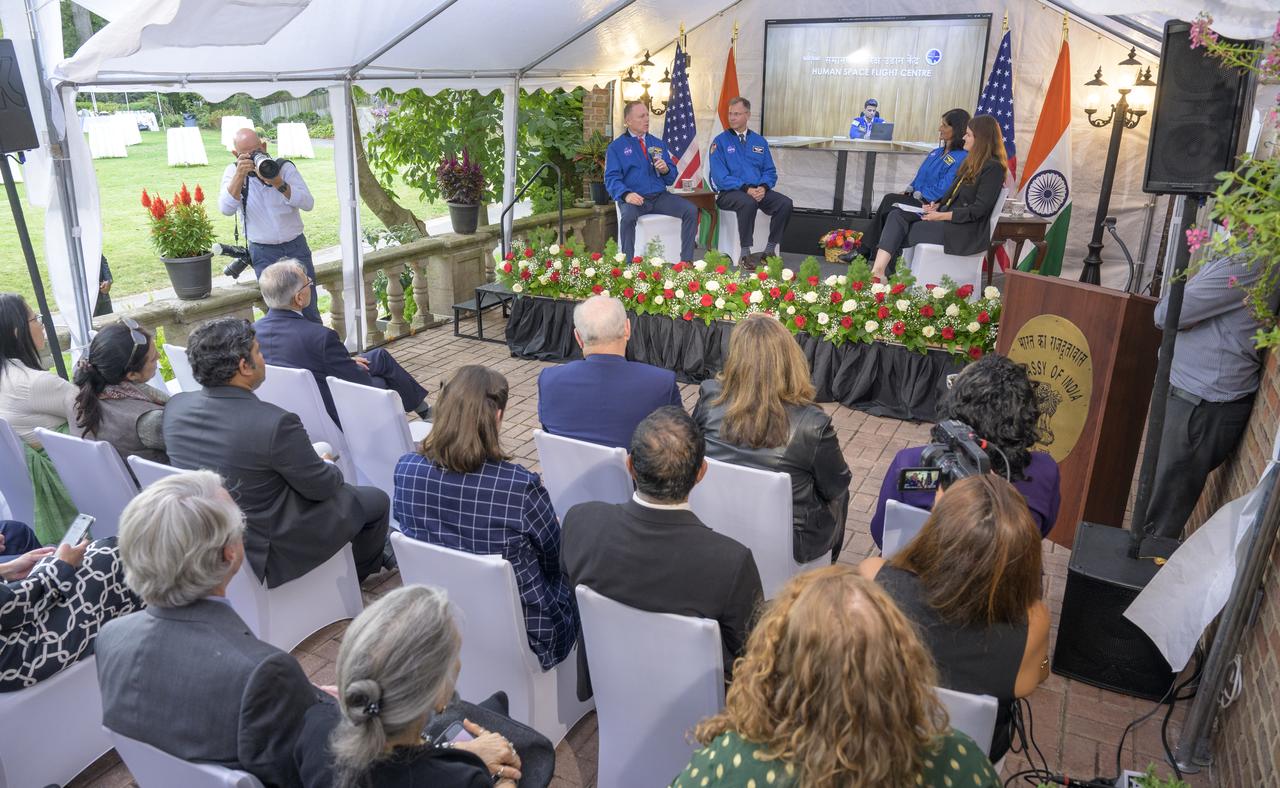 NASA astronauts, Butch Wilmore, left, Nick Hague, and Suni Williams, along with Axiom Mission 4 astronaut Shubhanshu Shukla via remote, participate in a panel discussion moderated by NASA Deputy Associate Administrator Casey Swails, right, Monday, Sept. 15, 2025, at residence of the Ambassador of India in Washington. Williams, Hague and Wilmore served as part of Expedition 72 onboard the International Space Station. Photo Credit: (NASA/Bill Ingalls)