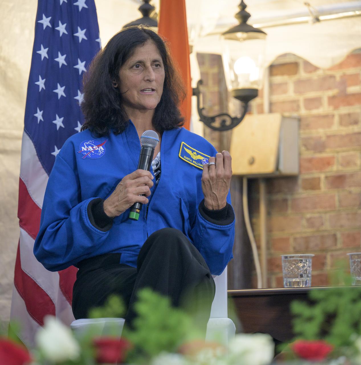 NASA astronaut Suni Williams gives remarks during a panel discussion moderated by NASA Deputy Associate Administrator Casey Swails, Monday, Sept. 15, 2025, at residence of the Ambassador of India in Washington. Williams, along with NASA astronauts Butch Wilmore, and Nick Hague served as part of Expedition 72 onboard the International Space Station. Photo Credit: (NASA/Bill Ingalls)