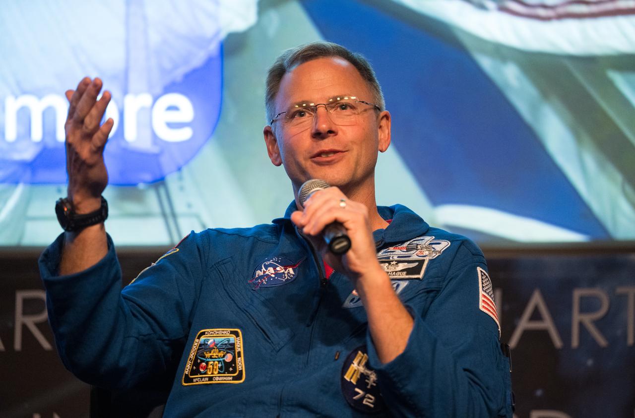 NASA astronaut Nick Hague speaks about his time onboard the International Space Station as part of Expedition 72, Wednesday, Sept. 17, 2025, during an employee engagement event at the Mary W. Jackson NASA Headquarters building in Washington. Nick Hague, Suni Williams, Butch Wilmore, and Don Pettit served as part of Expedition 72 onboard the orbiting laboratory. Photo Credit: (NASA/Aubrey Gemignani)