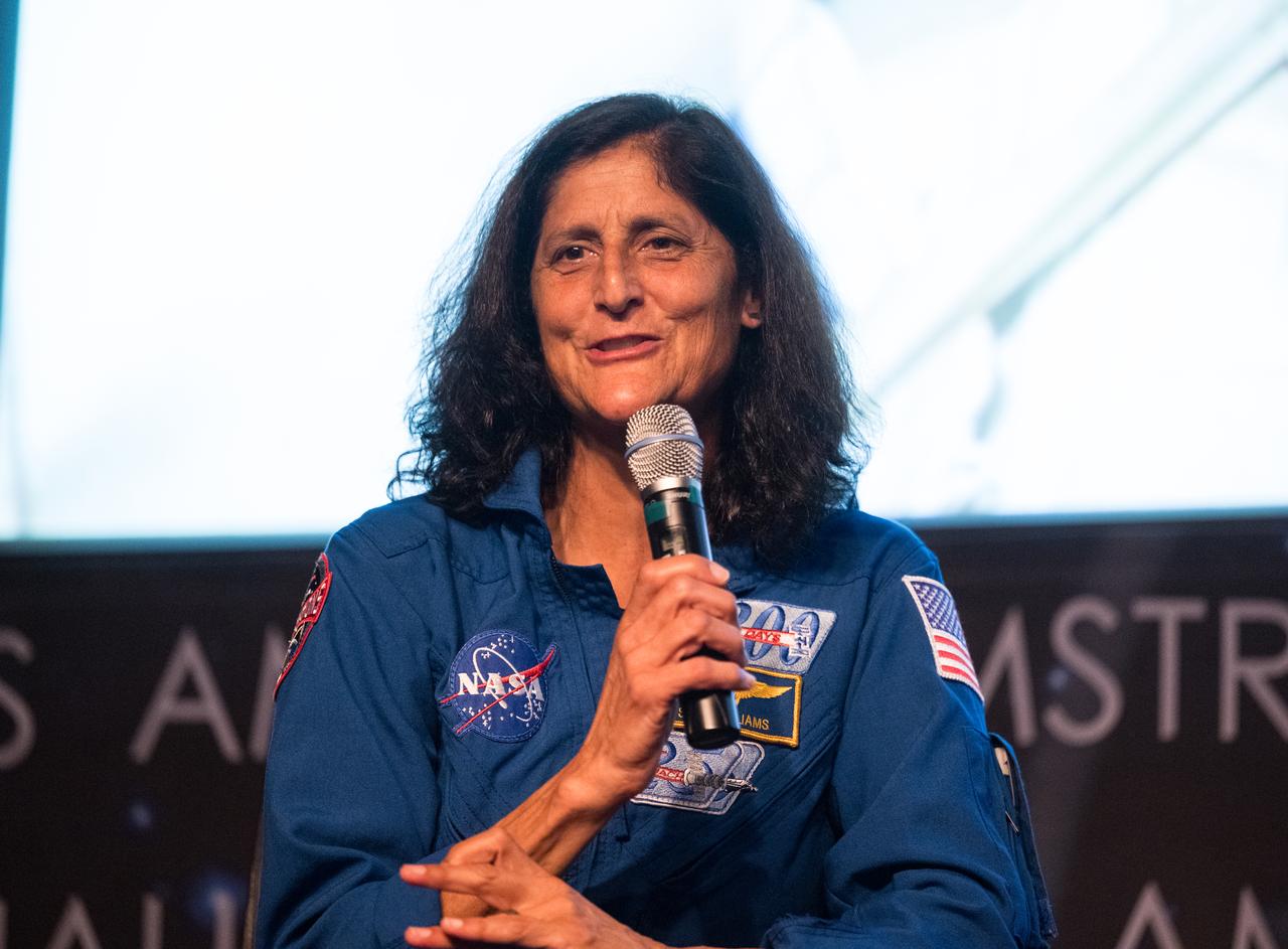 NASA astronaut Suni Williams speaks about her time onboard the International Space Station as part of Expedition 72, Wednesday, Sept. 17, 2025, during an employee engagement event at the Mary W. Jackson NASA Headquarters building in Washington. Nick Hague, Suni Williams, Butch Wilmore, and Don Pettit served as part of Expedition 72 onboard the orbiting laboratory. Photo Credit: (NASA/Aubrey Gemignani)