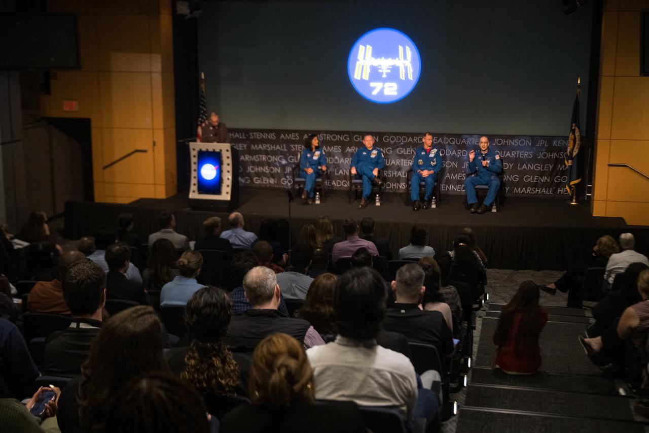 From left to right, NASA astronauts Suni Williams, Butch Wilmore, Nick Hague, and Don Pettit, speak about their time onboard the International Space Station as part of Expedition 72, Wednesday, Sept. 17, 2025, during an employee engagement event at the Mary W. Jackson NASA Headquarters building in Washington. Williams, Wilmore, Hague, and Pettit served as part of Expedition 72 onboard the orbiting laboratory. Photo Credit: (NASA/Aubrey Gemignani)