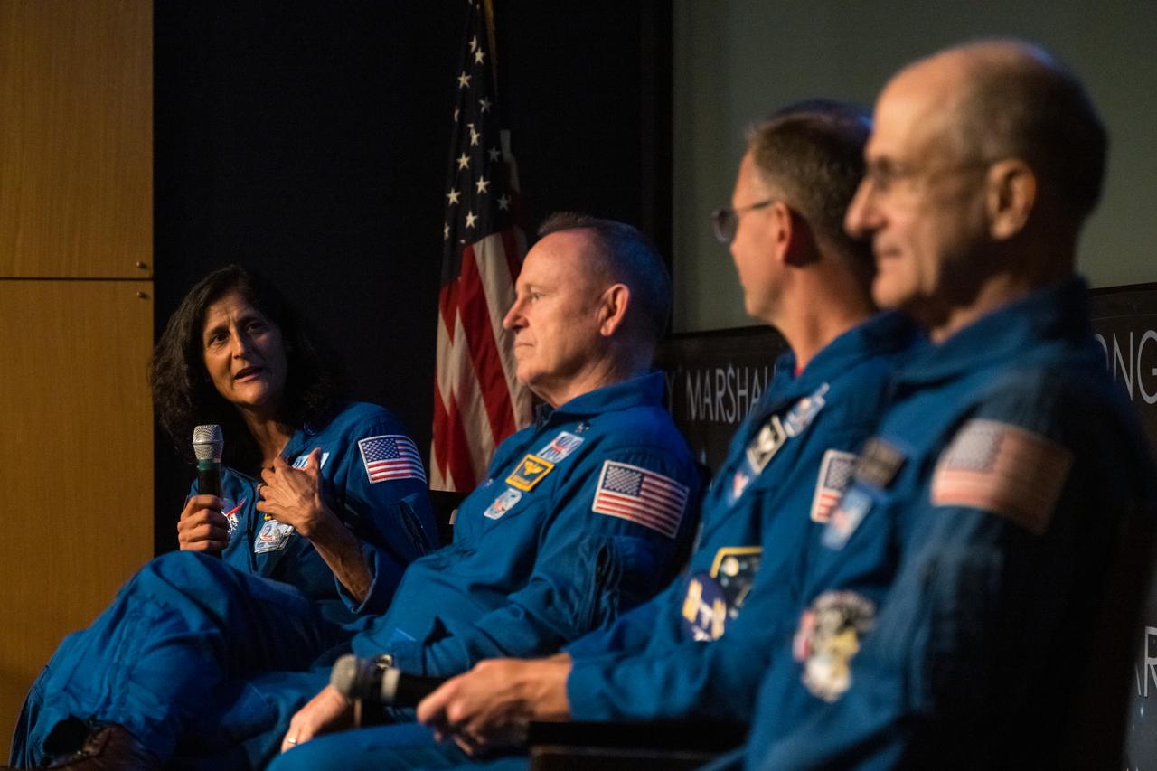 NASA astronaut Suni Williams speaks about her time onboard the International Space Station as part of Expedition 72, Wednesday, Sept. 17, 2025, during an employee engagement event at the Mary W. Jackson NASA Headquarters building in Washington. Nick Hague, Suni Williams, Butch Wilmore, and Don Pettit served as part of Expedition 72 onboard the orbiting laboratory. Photo Credit: (NASA/Aubrey Gemignani)