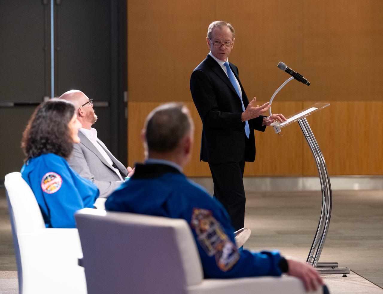 Jeff Shockey, executive vice president for Government Operations, Global Public Policy and Corporate Strategy at Boeing, delivers opening remarks during a visit by NASA astronauts Suni Williams and Butch Wilmore to speak with employees of Boeing, Wednesday, Sept. 17, 2025, at the company’s headquarters in Arlington, Va. Williams and Wilmore launched aboard Boeing’s Starliner spacecraft to the International Space Station as part of the agency’s Boeing Crew Flight Test and were integrated into Expedition 71/72 following the uncrewed return of Starliner. The pair returned to Earth with NASA’s SpaceX Crew 9 astronauts. Photo Credit: (NASA/Joel Kowsky)