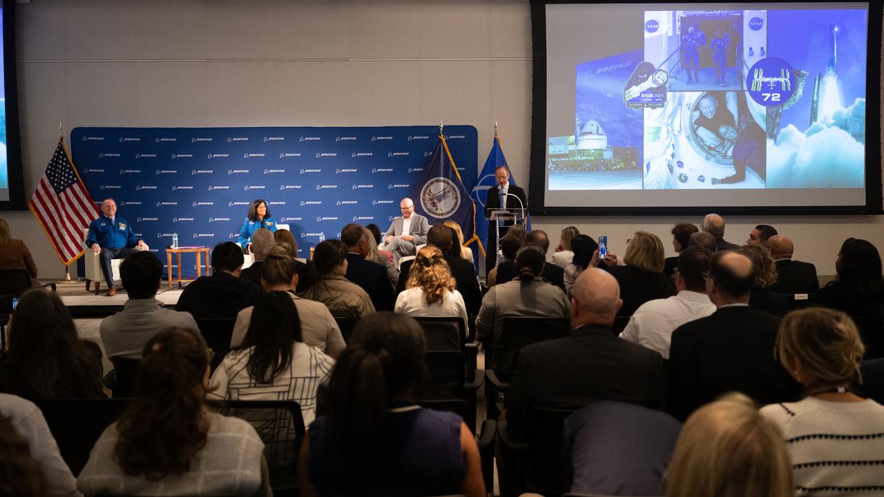 Jeff Shockey, executive vice president for Government Operations, Global Public Policy and Corporate Strategy at Boeing, delivers opening remarks during a visit by NASA astronauts Suni Williams and Butch Wilmore to speak with employees of Boeing, Wednesday, Sept. 17, 2025, at the company’s headquarters in Arlington, Va. Williams and Wilmore launched aboard Boeing’s Starliner spacecraft to the International Space Station as part of the agency’s Boeing Crew Flight Test and were integrated into Expedition 71/72 following the uncrewed return of Starliner. The pair returned to Earth with NASA’s SpaceX Crew 9 astronauts. Photo Credit: (NASA/Joel Kowsky)