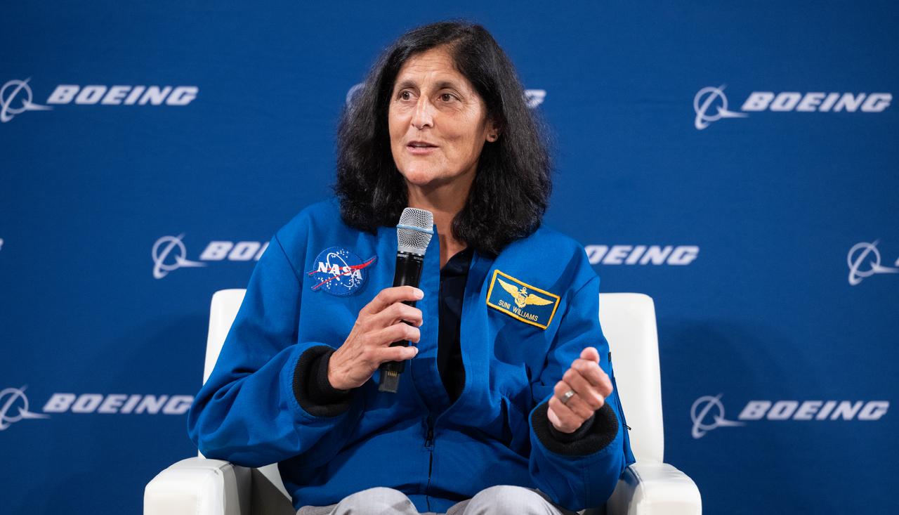 NASA astronaut Suni Williams speaks with employees of Boeing, Wednesday, Sept. 17, 2025, at the company’s headquarters in Arlington, Va. Williams and Butch Wilmore launched aboard Boeing’s Starliner spacecraft to the International Space Station as part of the agency’s Boeing Crew Flight Test and were integrated into Expedition 71/72 following the uncrewed return of Starliner. The pair returned to Earth with NASA’s SpaceX Crew 9 astronauts. Photo Credit: (NASA/Joel Kowsky)