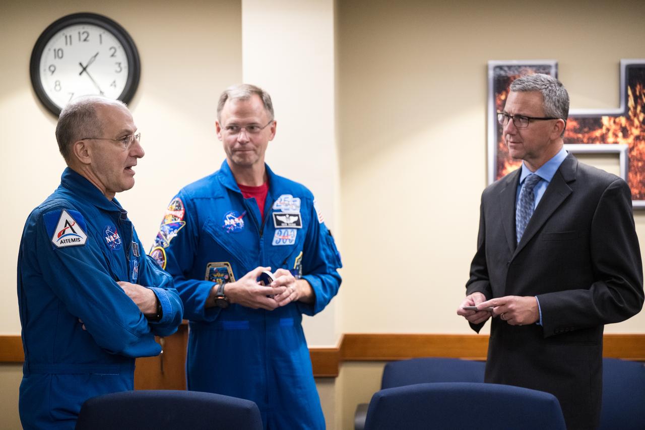 NASA astronauts Don Pettit and Nick Hague speak with NASA Range Operations Contract Engineer Manager at Wallops Flight Facility, Joseph Jimmerson, before a Silver Snoopy award event, Wednesday, Sept. 17, 2025, at NASA’s Goddard Space Flight Center in Greenbelt, Md. Pettit and Hague served as part of Expedition 72 onboard the International Space Station. Photo Credit: (NASA/Aubrey Gemignani)