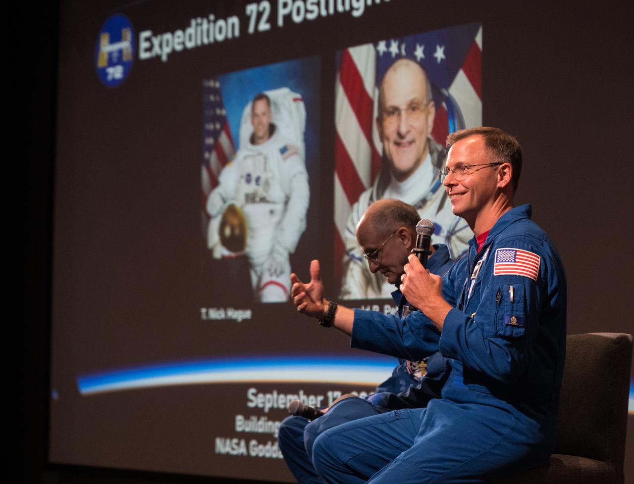 NASA astronauts Don Pettit and Nick Hague speak about their time onboard the International Space Station as part of Expedition 72, Wednesday, Sept. 17, 2025, during a Silver Snoopy award event at NASA’s Goddard Space Flight Center in Greenbelt, Md. Photo Credit: (NASA/Aubrey Gemignani)