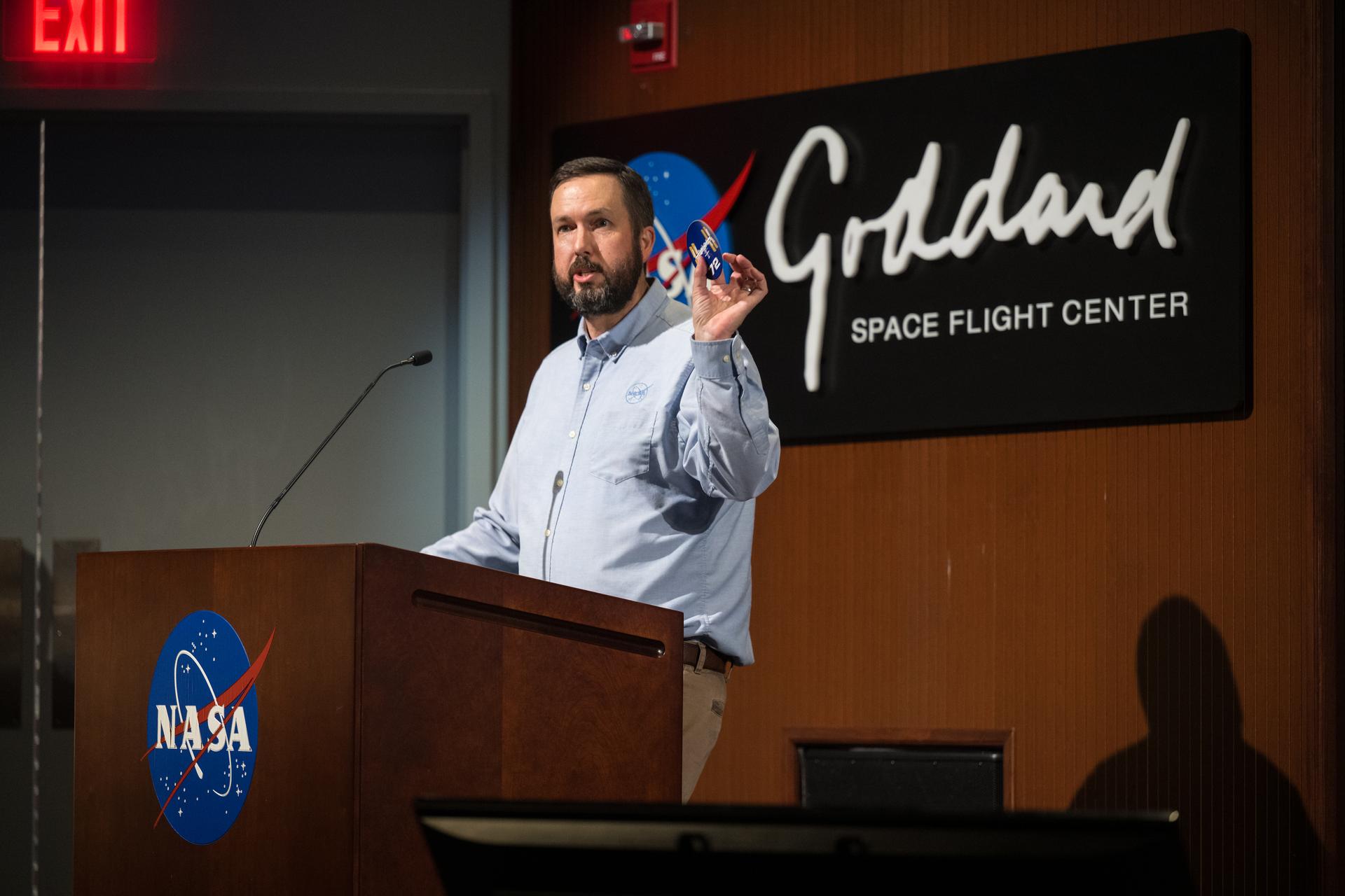 Dr. Noah Petro, NASA Artemis III Project Scientist and Lab Chief for the Planetary Geology, Geophysics, and Geochemistry Laboratory provides remarks during a Silver Snoopy award event, Wednesday, Sept. 17, 2025, at NASA’s Goddard Space Flight Center in Greenbelt, Md. NASA astronauts Don Pettit and Nick Hague spoke about their time onboard the International Space Station as part of Expedition 72. Photo Credit: (NASA/Aubrey Gemignani)