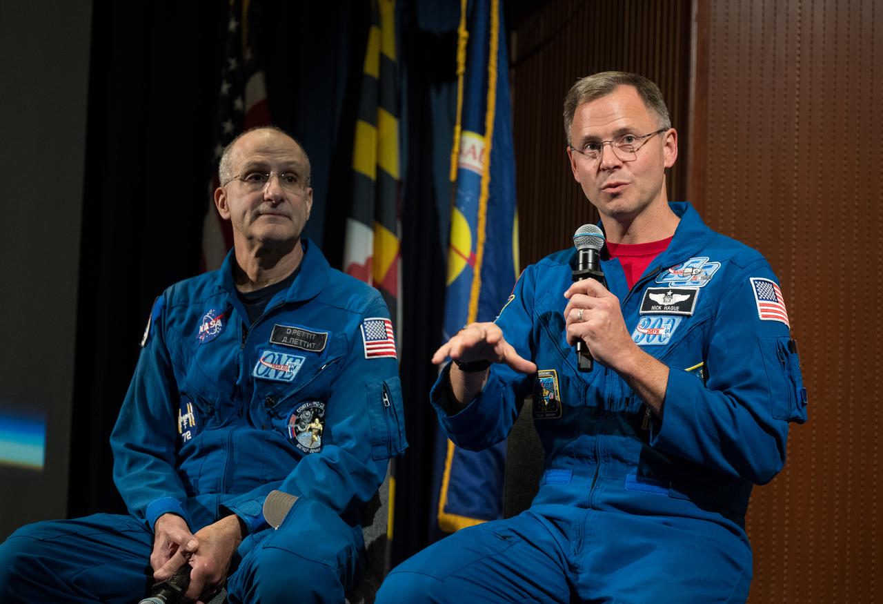 NASA astronauts Don Pettit and Nick Hague speak about their time onboard the International Space Station as part of Expedition 72, Wednesday, Sept. 17, 2025, during a Silver Snoopy award presentation event at NASA’s Goddard Space Flight Center in Greenbelt, Md. Photo Credit: (NASA/Aubrey Gemignani)