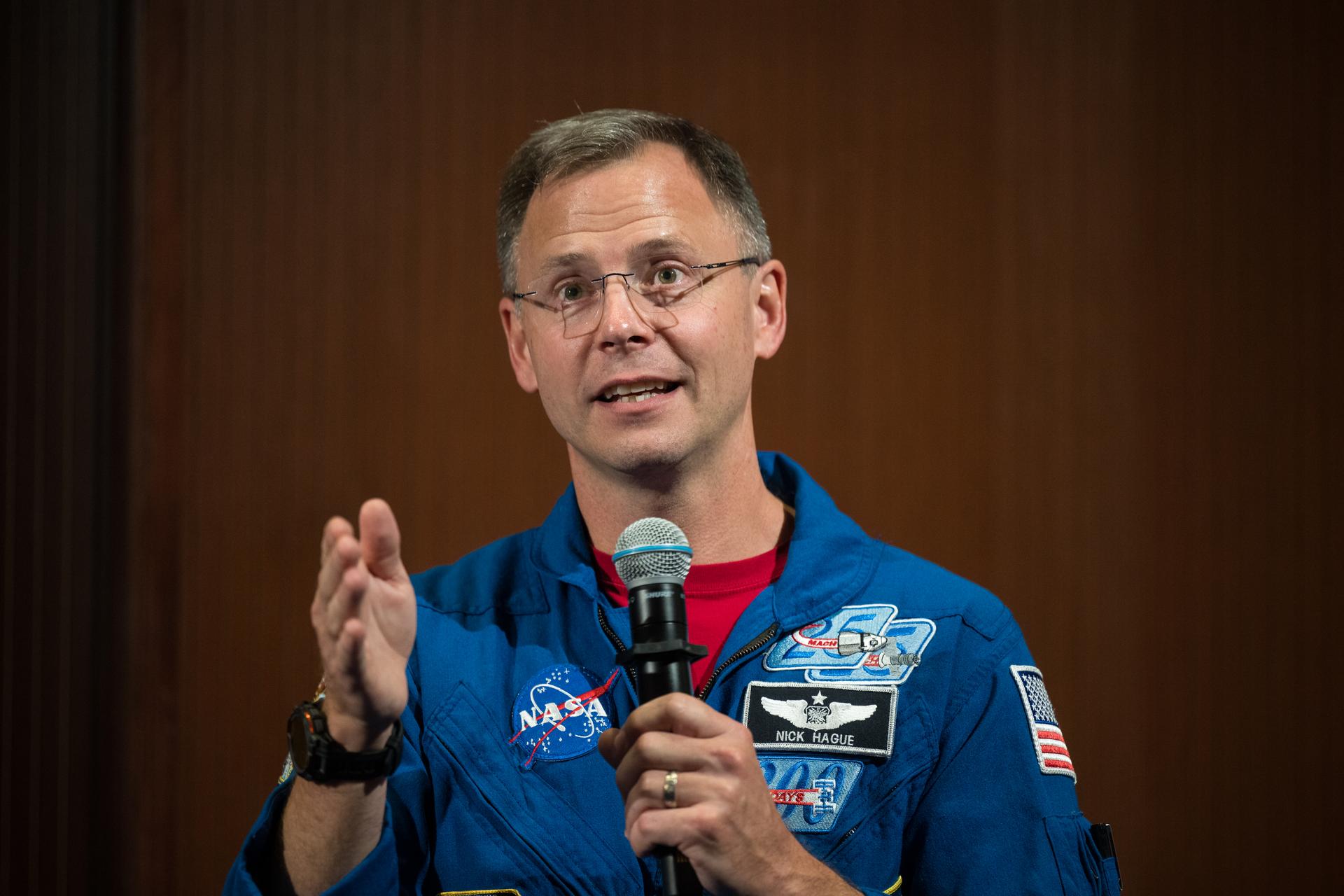 NASA astronaut Nick Hague speaks about his time onboard the International Space Station as part of Expedition 72, Wednesday, Sept. 17, 2025, during a Silver Snoopy award presentation event at NASA’s Goddard Space Flight Center in Greenbelt, Md. Photo Credit: (NASA/Aubrey Gemignani)