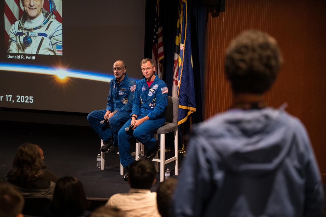 NASA astronauts Don Pettit and Nick Hague listen to a question about their time onboard the International Space Station as part of Expedition 72, Wednesday, Sept. 17, 2025, during a Silver Snoopy award presentation event at NASA’s Goddard Space Flight Center in Greenbelt, Md. Photo Credit: (NASA/Aubrey Gemignani)