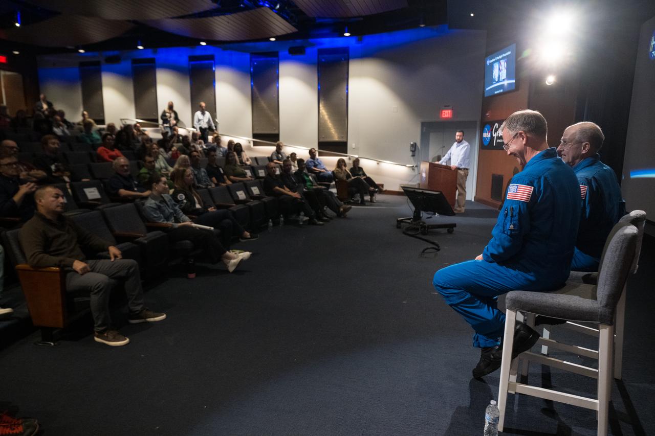 NASA astronauts Nick Hague and Don Pettit speak about their time onboard the International Space Station as part of Expedition 72, Wednesday, Sept. 17, 2025, during a Silver Snoopy award presentation event at NASA’s Goddard Space Flight Center in Greenbelt, Md. Photo Credit: (NASA/Aubrey Gemignani)