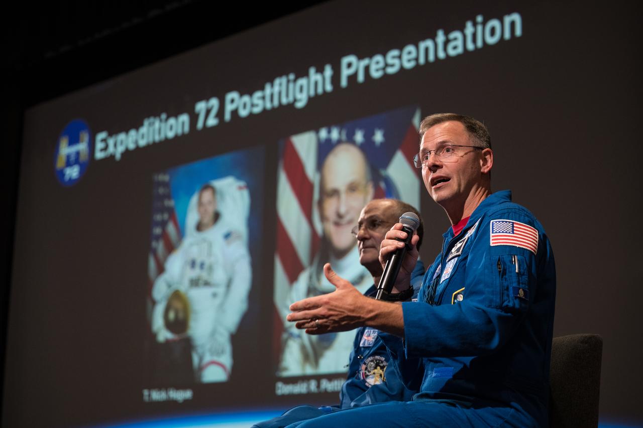 NASA astronauts Don Pettit and Nick Hague speak about their time onboard the International Space Station as part of Expedition 72, Wednesday, Sept. 17, 2025, during a Silver Snoopy award presentation event at NASA’s Goddard Space Flight Center in Greenbelt, Md. Photo Credit: (NASA/Aubrey Gemignani)
