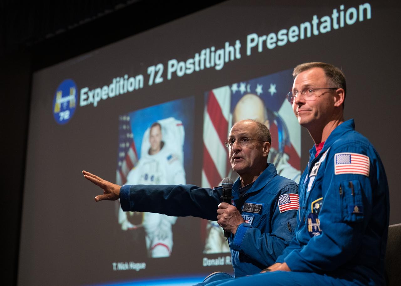 NASA astronauts Don Pettit and Nick Hague speak about their time onboard the International Space Station as part of Expedition 72, Wednesday, Sept. 17, 2025, during a Silver Snoopy award presentation event at NASA’s Goddard Space Flight Center in Greenbelt, Md. Photo Credit: (NASA/Aubrey Gemignani)
