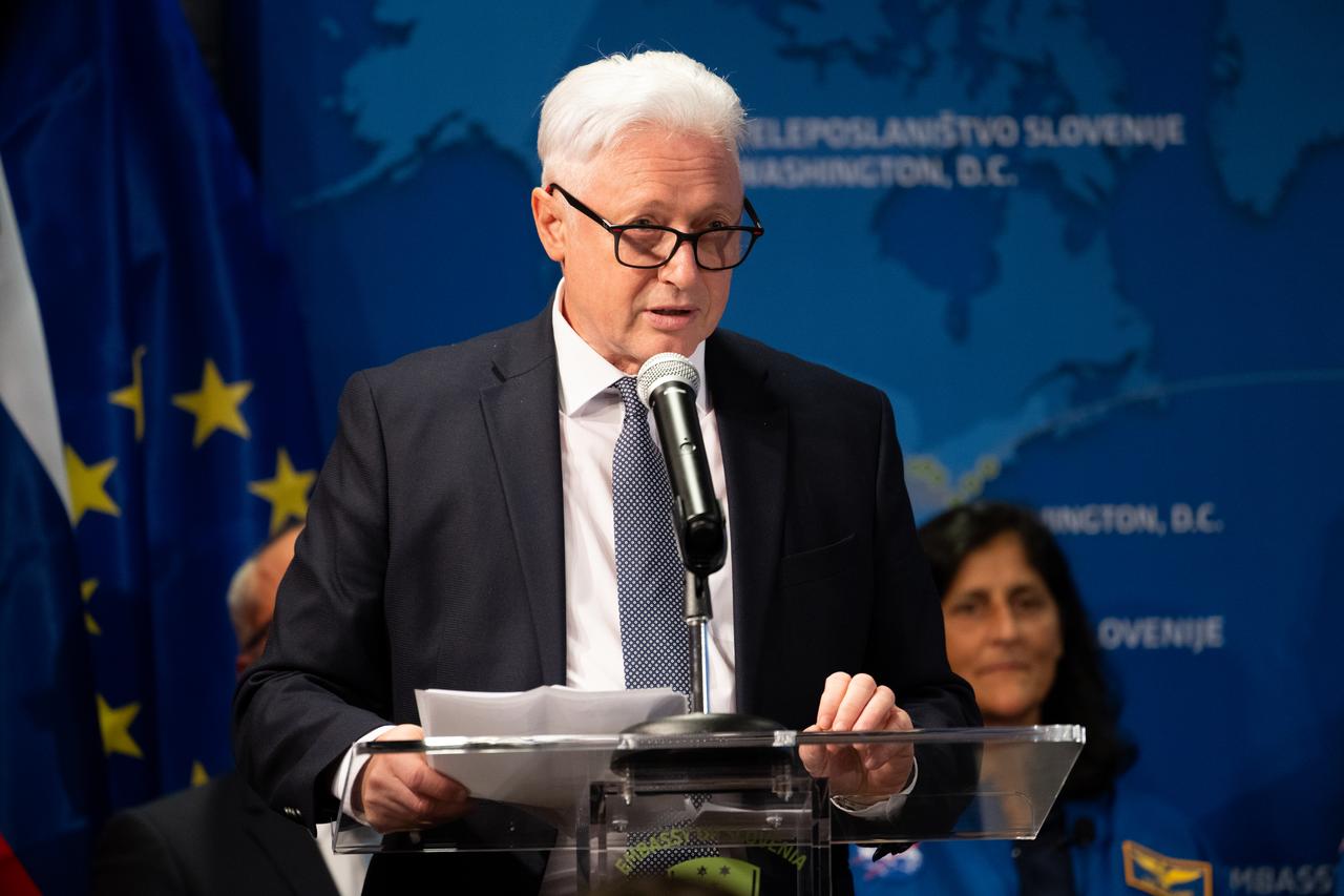 Iztok Mirošič, Ambassador of the Republic of Slovenia to the United States, provides opening remarks during a panel discussion with NASA astronauts Suni Williams, Butch Wilmore, Nick Hague, and Don Pettit, Robyn Gatens, director of International Space Station and acting director of the Commercial Space Flight Division of NASA's Space Operations Mission Directorate, Marko Novak, advisor of management board Dewesoft Slovenia, and Lee Echerd, senior mission manager and commercial crew program lead at SpaceX, at the Embassy of Slovenia, Wednesday, Sept. 17, 2025, in Washington. Hague, Wilmore, Williams, and Pettit served as part of Expedition 72 onboard the International Space Station. Photo Credit: (NASA/Joel Kowsky)