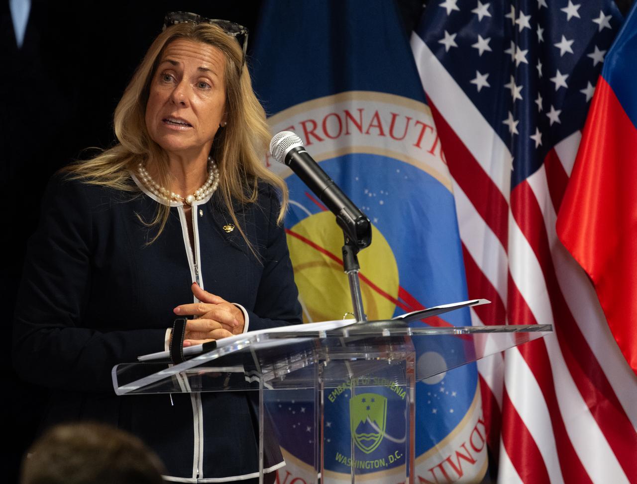 Meghan Allen, senior vice president for strategic engagements at Space Foundation, moderates a panel discussion at the Embassy of Slovenia with NASA astronauts Suni Williams, Butch Wilmore, Nick Hague, and Don Pettit, Robyn Gatens, director of International Space Station and acting director of the Commercial Space Flight Division of NASA's Space Operations Mission Directorate, Marko Novak, advisor of management board Dewesoft Slovenia, and Lee Echerd, senior mission manager and commercial crew program lead at SpaceX, Wednesday, Sept. 17, 2025, in Washington. Hague, Wilmore, Williams, and Pettit served as part of Expedition 72 onboard the International Space Station. Photo Credit: (NASA/Joel Kowsky)