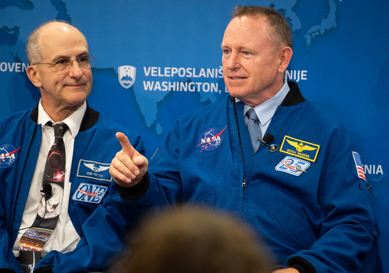 NASA astronaut Butch Wilmore, answers a question during a panel discussion at the Embassy of Slovenia alongside fellow NASA astronauts Don Pettit, Suni Williams, and Nick Hague, Robyn Gatens, director of International Space Station and acting director of the Commercial Space Flight Division of NASA's Space Operations Mission Directorate, Lee Echerd,, senior mission manager and commercial crew program lead at SpaceX, and Marko Novak, advisor of management board at Dewesoft Slovenia, Wednesday, Sept. 17, 2025, in Washington. Hague, Wilmore, Williams, and Pettit served as part of Expedition 72 onboard the International Space Station. Photo Credit: (NASA/Joel Kowsky)