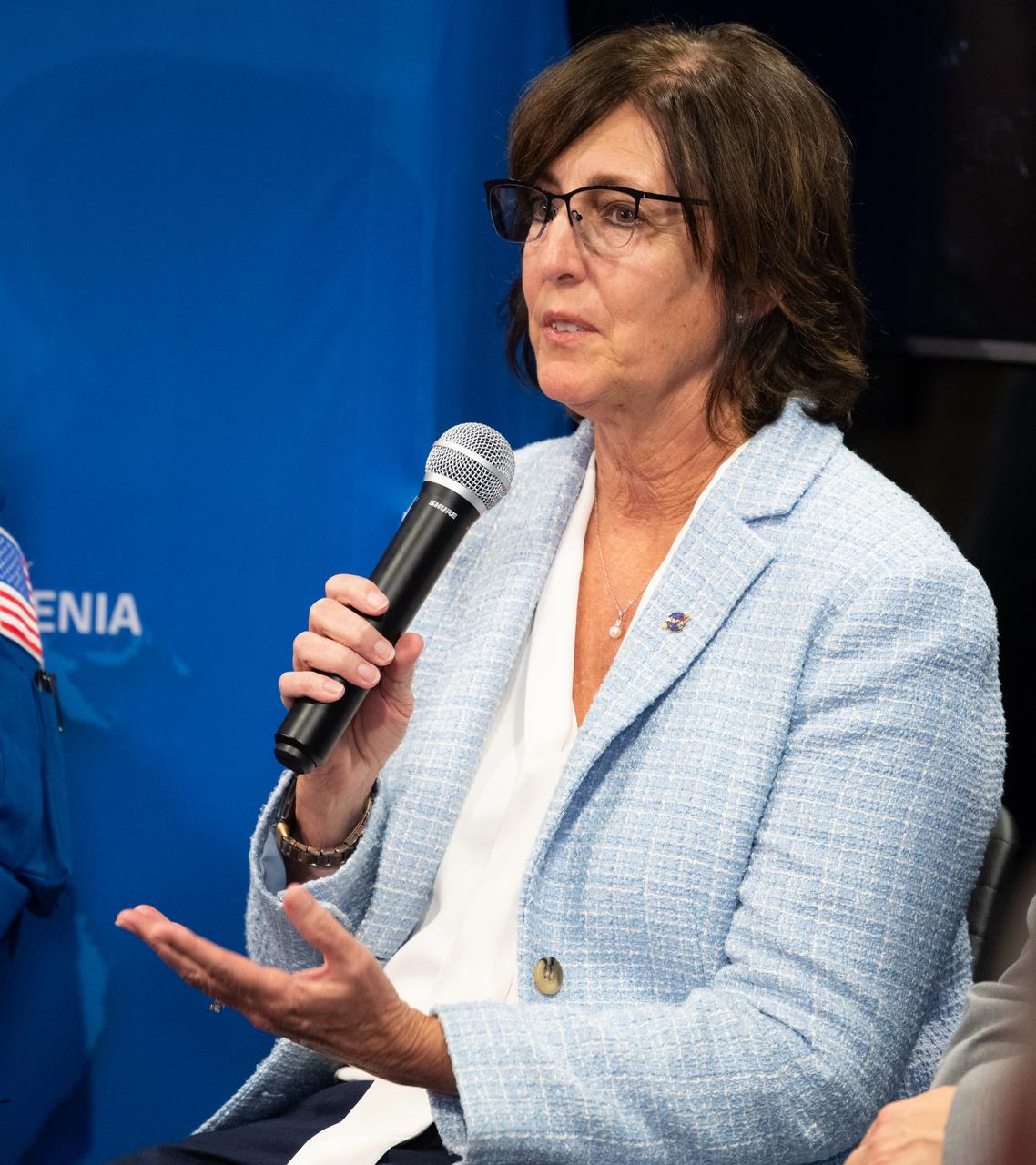 Robyn Gatens, director of International Space Station and acting director of the Commercial Space Flight Division of NASA's Space Operations Mission Directorate, answers a question during a panel discussion at the Embassy of Slovenia alongside NASA astronauts Butch Wilmore, Don Pettit, Suni Williams, and Nick Hague, Lee Echerd,, senior mission manager and commercial crew program lead at SpaceX, and Marko Novak, advisor of management board at Dewesoft Slovenia, Wednesday, Sept. 17, 2025, in Washington. Hague, Wilmore, Williams, and Pettit served as part of Expedition 72 onboard the International Space Station. Photo Credit: (NASA/Joel Kowsky)