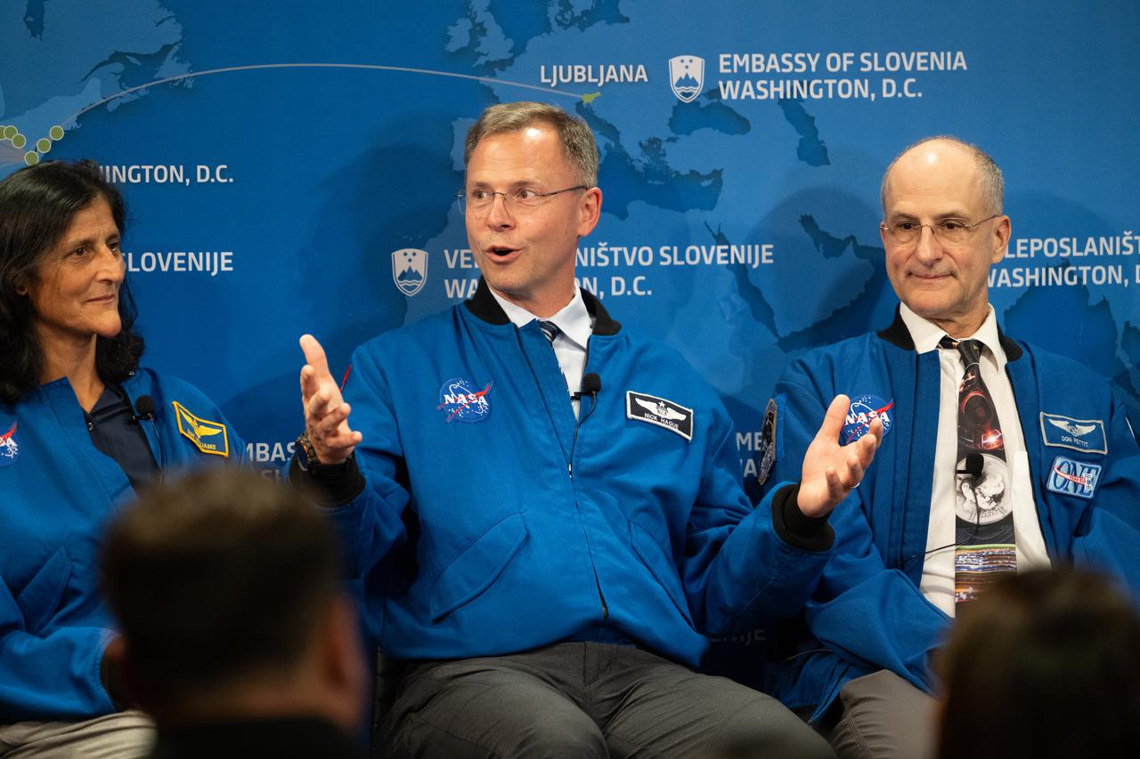 NASA astronaut Nick Hague, answers a question during a panel discussion at the Embassy of Slovenia with fellow NASA astronauts Don Pettit, Suni Williams, and Nick Hague, Robyn Gatens, director of International Space Station and acting director of the Commercial Space Flight Division of NASA's Space Operations Mission Directorate, Lee Echerd,, senior mission manager and commercial crew program lead at SpaceX, and Marko Novak, advisor of management board at Dewesoft Slovenia, Wednesday, Sept. 17, 2025, in Washington. Hague, Wilmore, Williams, and Pettit served as part of Expedition 72 onboard the International Space Station. Photo Credit: (NASA/Joel Kowsky)