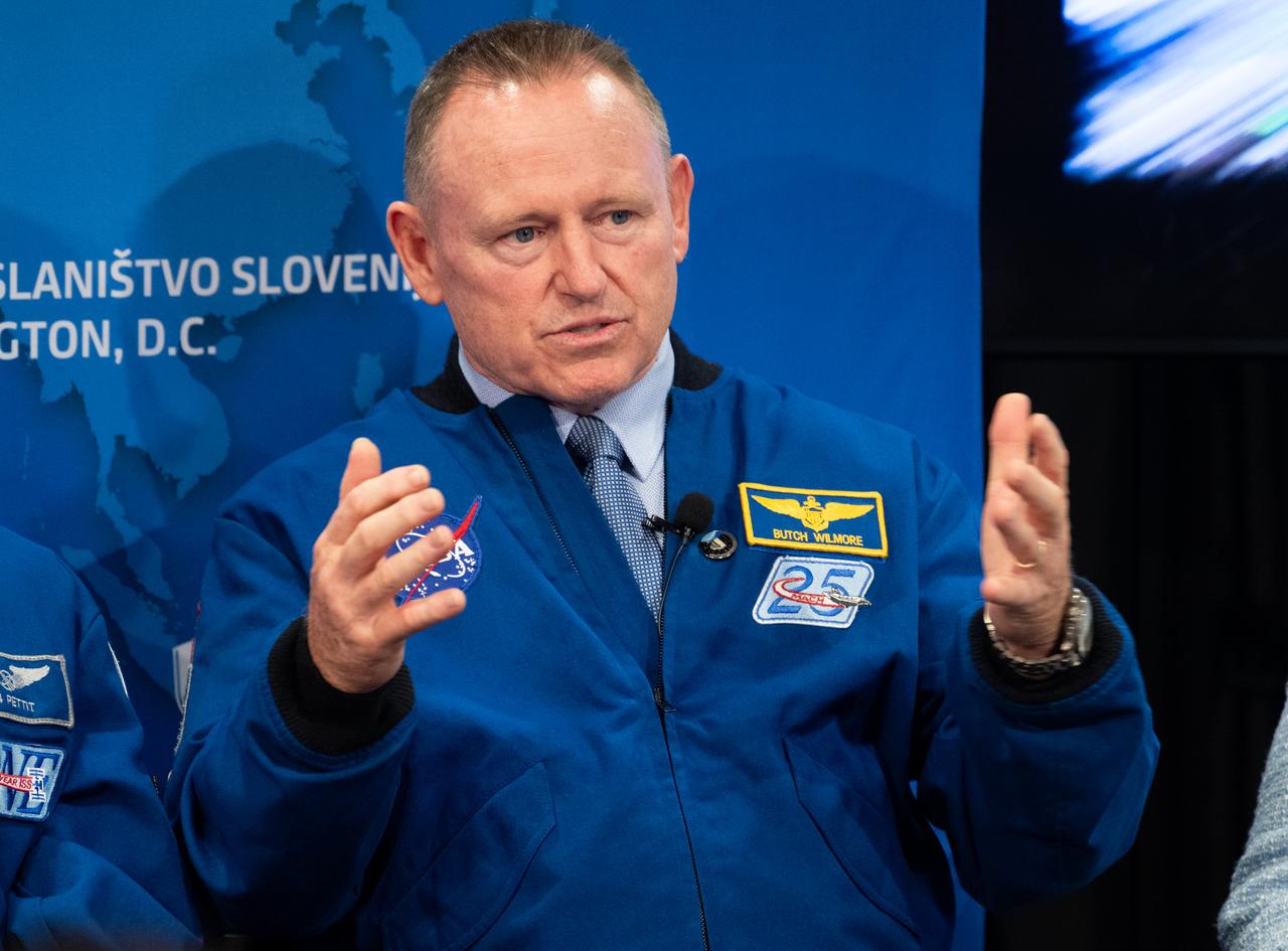 NASA astronaut Butch Wilmore, answers a question during a panel discussion at the Embassy of Slovenia alongside fellow NASA astronauts Don Pettit, Suni Williams, and Nick Hague, Robyn Gatens, director of International Space Station and acting director of the Commercial Space Flight Division of NASA's Space Operations Mission Directorate, Lee Echerd,, senior mission manager and commercial crew program lead at SpaceX, and Marko Novak, advisor of management board at Dewesoft Slovenia, Wednesday, Sept. 17, 2025, in Washington. Hague, Wilmore, Williams, and Pettit served as part of Expedition 72 onboard the International Space Station. Photo Credit: (NASA/Joel Kowsky)