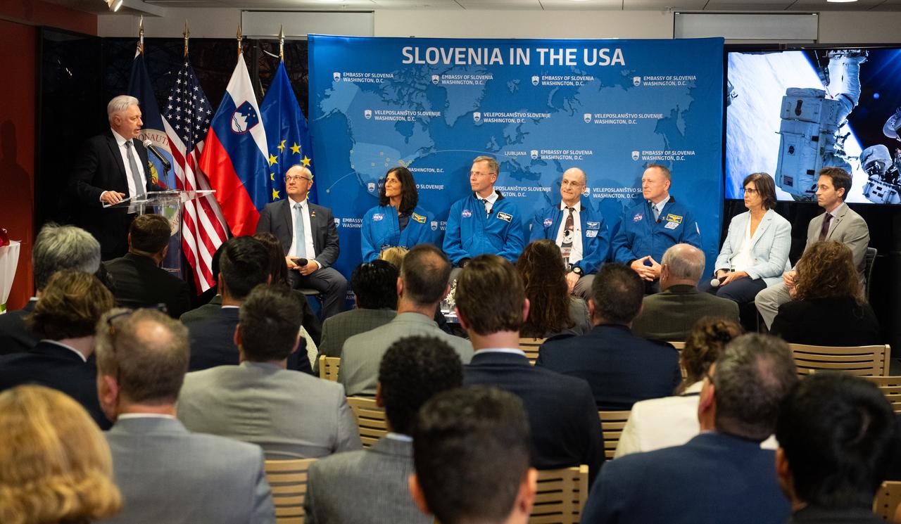 Iztok Mirošič, Ambassador of the Republic of Slovenia to the United States, provides closing remarks during a panel discussion with Marko Novak, advisor of management board Dewesoft Slovenia, NASA astronauts Suni Williams, Butch Wilmore, Nick Hague, and Don Pettit, Robyn Gatens, director of International Space Station and acting director of the Commercial Space Flight Division of NASA's Space Operations Mission Directorate, and Lee Echerd, senior mission manager and commercial crew program lead at SpaceX, at the Embassy of Slovenia, Wednesday, Sept. 17, 2025, in Washington. Hague, Wilmore, Williams, and Pettit served as part of Expedition 72 onboard the International Space Station. Photo Credit: (NASA/Joel Kowsky)