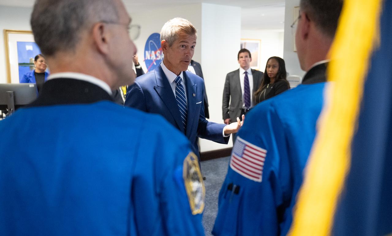 Acting NASA Administrator Sean Duffy speaks with NASA astronauts Butch Wilmore, Suni Williams, Don Pettit, and Nick Hague, Thursday, Sept. 18, 2025, at the Mary W. Jackson NASA Headquarters building in Washington. Hague, Wilmore, Williams, and Pettit served as part of Expedition 72 onboard the orbiting laboratory.  Photo Credit: (NASA/Joel Kowsky)