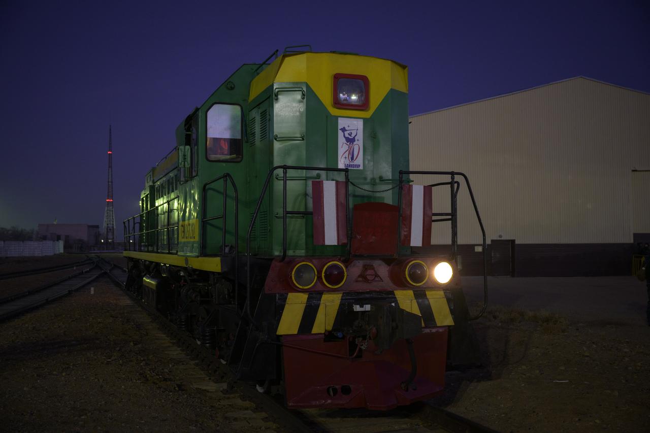 A train is ready to help roll the Soyuz rocket out to the launch pad, Monday, Nov. 24, 2025, at Site 31 of the Baikonur Cosmodrome in Kazakhstan. Expedition 74 crewmembers: NASA astronaut Chris Williams, Roscosmos cosmonauts Sergey Kud-Sverchkov and Sergey Mikaev are scheduled to launch aboard their Soyuz MS-28 spacecraft on November 27. Photo Credit: (NASA/Bill Ingalls)
