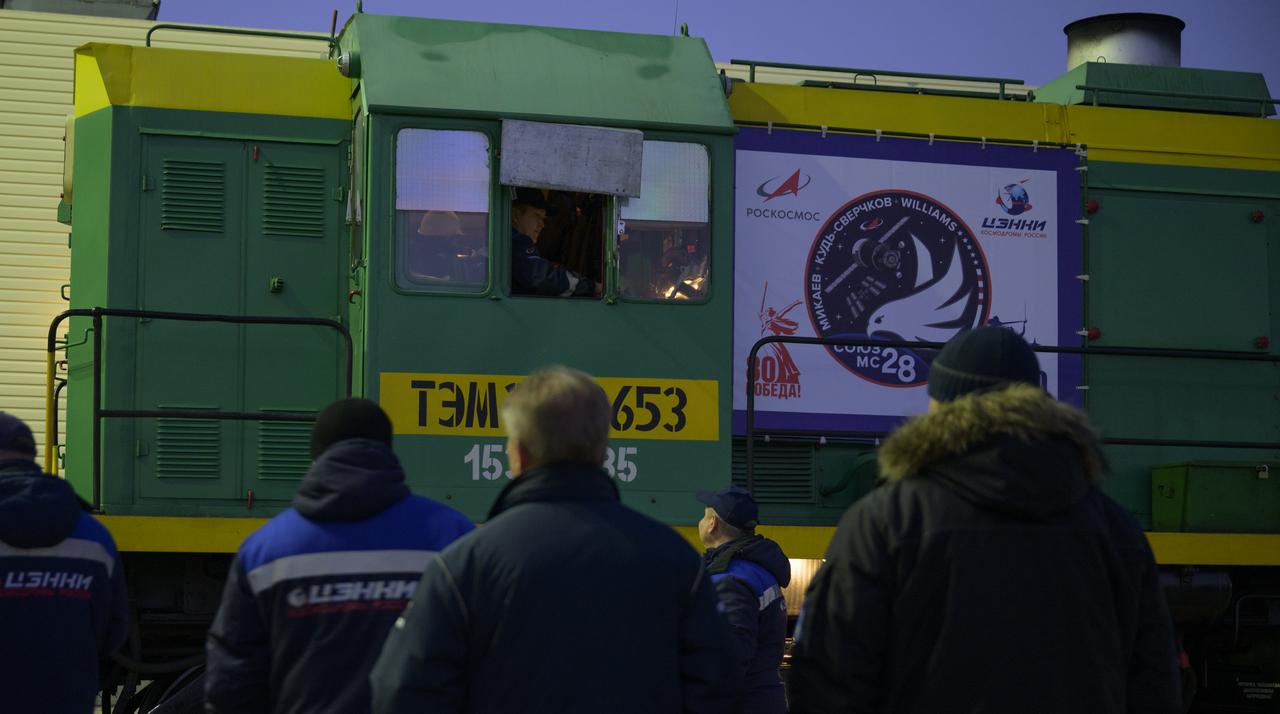 A train is prepared to roll the Soyuz rocket out to the launch pad, Monday, Nov. 24, 2025, at Site 31 of the Baikonur Cosmodrome in Kazakhstan. Expedition 74 crewmembers: NASA astronaut Chris Williams, Roscosmos cosmonauts Sergey Kud-Sverchkov and Sergey Mikaev are scheduled to launch aboard their Soyuz MS-28 spacecraft on November 27. Photo Credit: (NASA/Bill Ingalls)