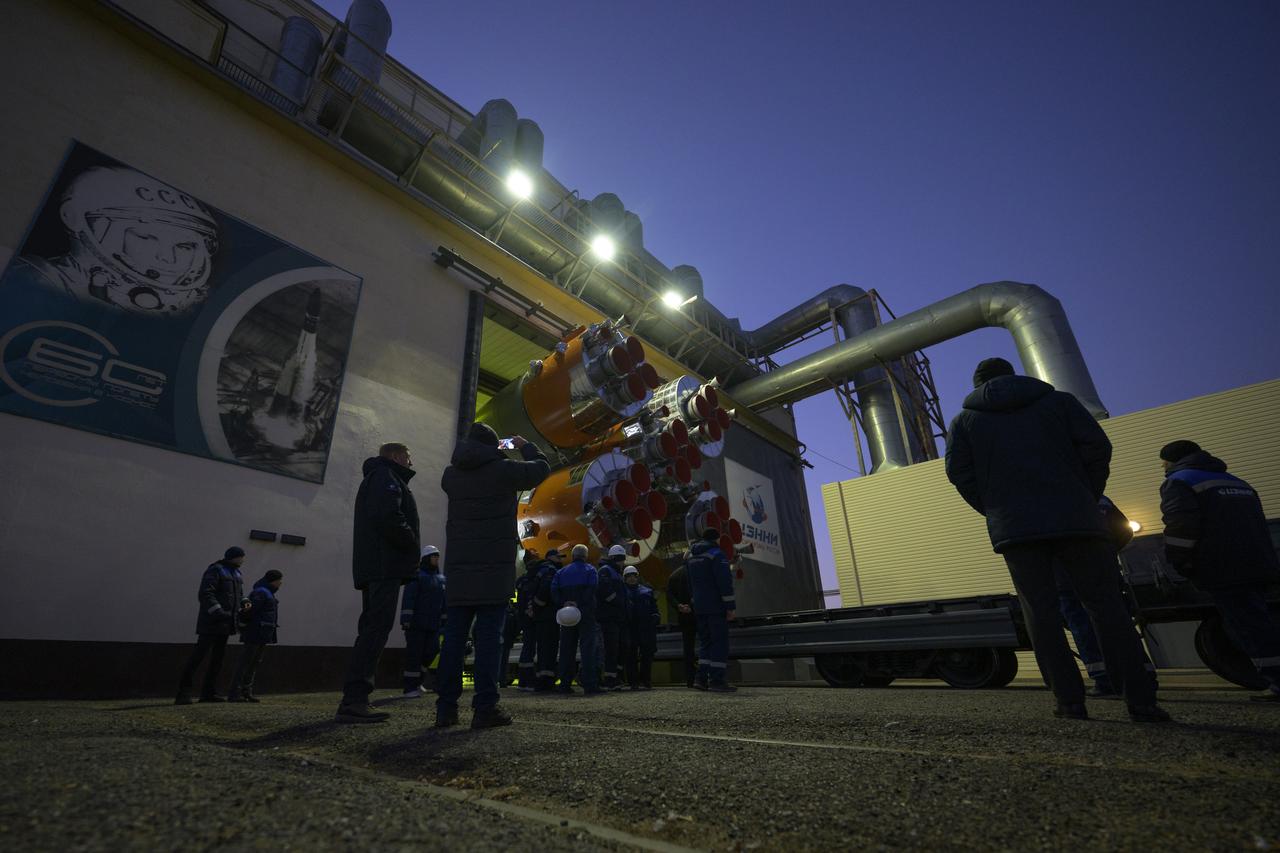 The Soyuz rocket is rolled out by train to the launch pad, Monday, Nov. 24, 2025, at Site 31 of the Baikonur Cosmodrome in Kazakhstan. Expedition 74 crewmembers: NASA astronaut Chris Williams, Roscosmos cosmonauts Sergey Kud-Sverchkov and Sergey Mikaev are scheduled to launch aboard their Soyuz MS-28 spacecraft on November 27. Photo Credit: (NASA/Bill Ingalls)