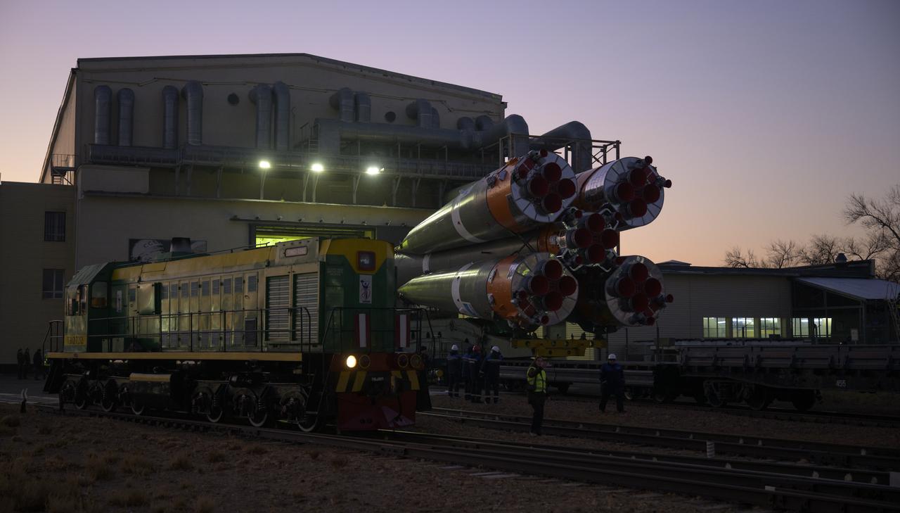 The Soyuz rocket is rolled out by train to the launch pad, Monday, Nov. 24, 2025, at Site 31 of the Baikonur Cosmodrome in Kazakhstan. Expedition 74 crewmembers: NASA astronaut Chris Williams, Roscosmos cosmonauts Sergey Kud-Sverchkov and Sergey Mikaev are scheduled to launch aboard their Soyuz MS-28 spacecraft on November 27. Photo Credit: (NASA/Bill Ingalls)