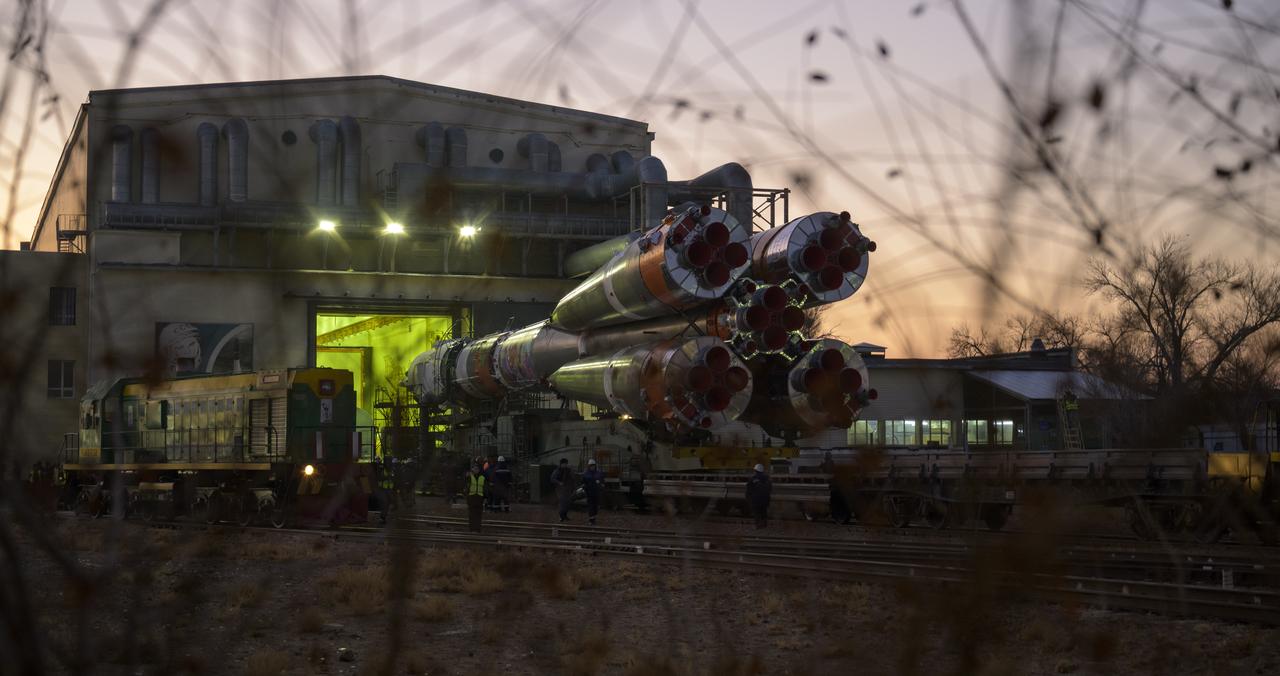 The Soyuz rocket is rolled out by train to the launch pad, Monday, Nov. 24, 2025, at Site 31 of the Baikonur Cosmodrome in Kazakhstan. Expedition 74 crewmembers: NASA astronaut Chris Williams, Roscosmos cosmonauts Sergey Kud-Sverchkov and Sergey Mikaev are scheduled to launch aboard their Soyuz MS-28 spacecraft on November 27. Photo Credit: (NASA/Bill Ingalls)