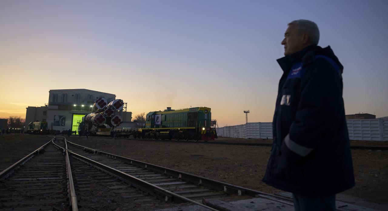 The Soyuz rocket is rolled out by train to the launch pad, Monday, Nov. 24, 2025, at Site 31 of the Baikonur Cosmodrome in Kazakhstan. Expedition 74 crewmembers: NASA astronaut Chris Williams, Roscosmos cosmonauts Sergey Kud-Sverchkov and Sergey Mikaev are scheduled to launch aboard their Soyuz MS-28 spacecraft on November 27. Photo Credit: (NASA/Bill Ingalls)