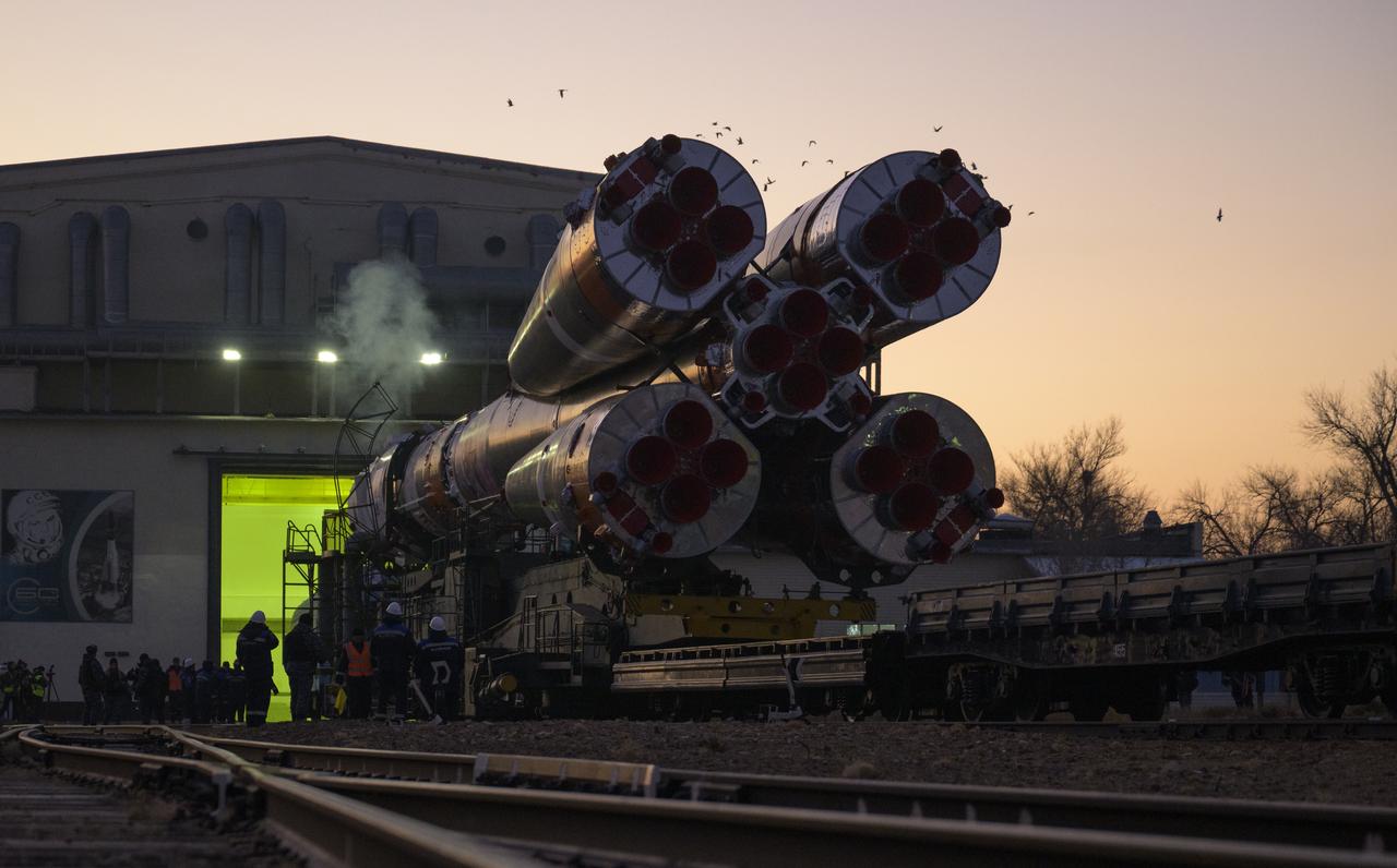 The Soyuz rocket is rolled out by train to the launch pad, Monday, Nov. 24, 2025, at Site 31 of the Baikonur Cosmodrome in Kazakhstan. Expedition 74 crewmembers: NASA astronaut Chris Williams, Roscosmos cosmonauts Sergey Kud-Sverchkov and Sergey Mikaev are scheduled to launch aboard their Soyuz MS-28 spacecraft on November 27. Photo Credit: (NASA/Bill Ingalls)