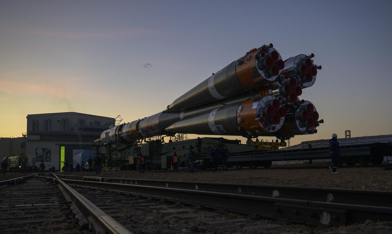 The Soyuz rocket is rolled out by train to the launch pad, Monday, Nov. 24, 2025, at Site 31 of the Baikonur Cosmodrome in Kazakhstan. Expedition 74 crewmembers: NASA astronaut Chris Williams, Roscosmos cosmonauts Sergey Kud-Sverchkov and Sergey Mikaev are scheduled to launch aboard their Soyuz MS-28 spacecraft on November 27. Photo Credit: (NASA/Bill Ingalls)